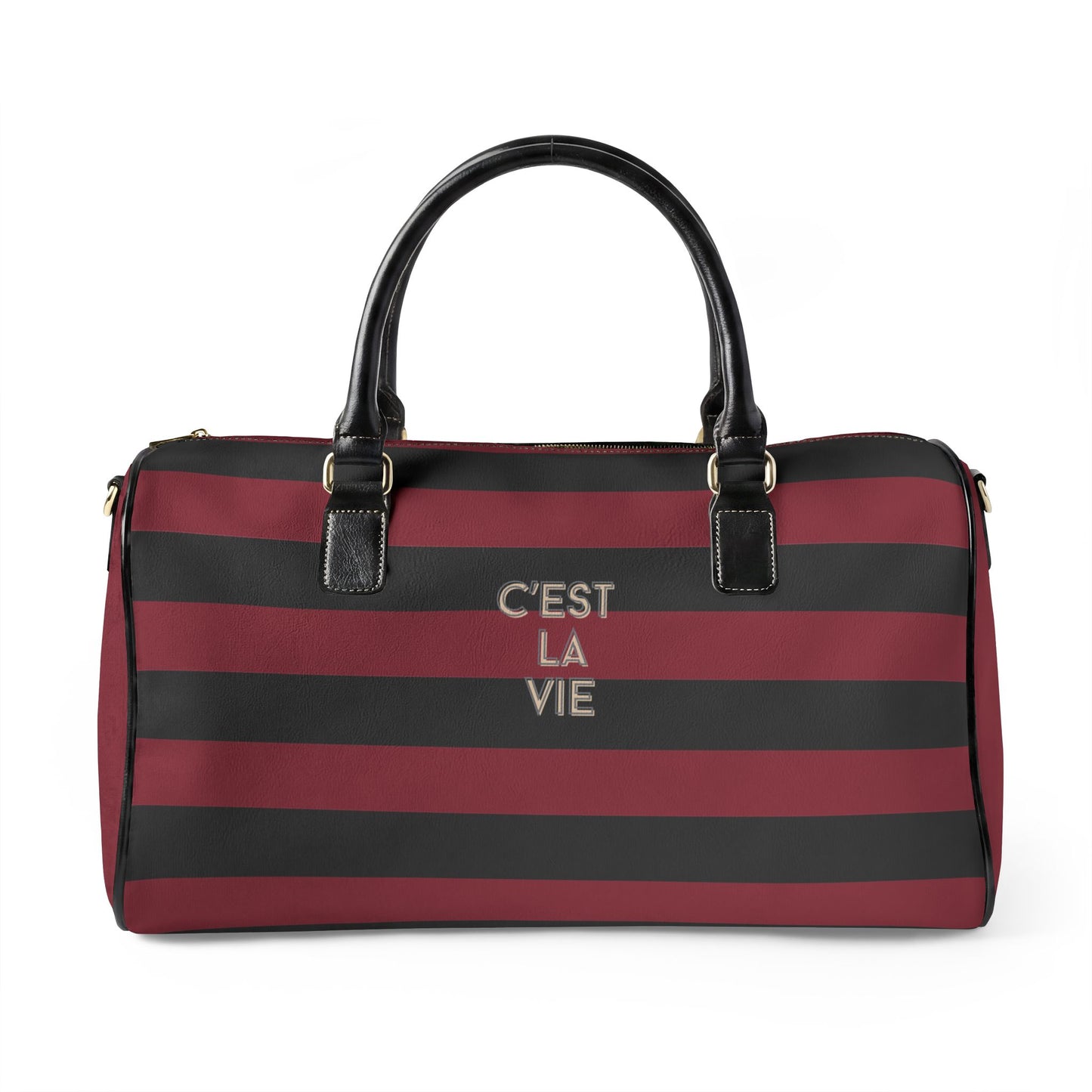 Red and black striped bag with 'C'EST LA VIE' text on a white background