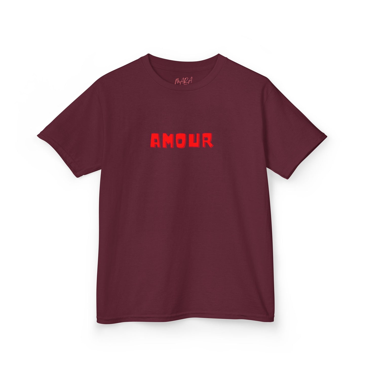 Maroon t-shirt with red 'AMOUR' text on a white background