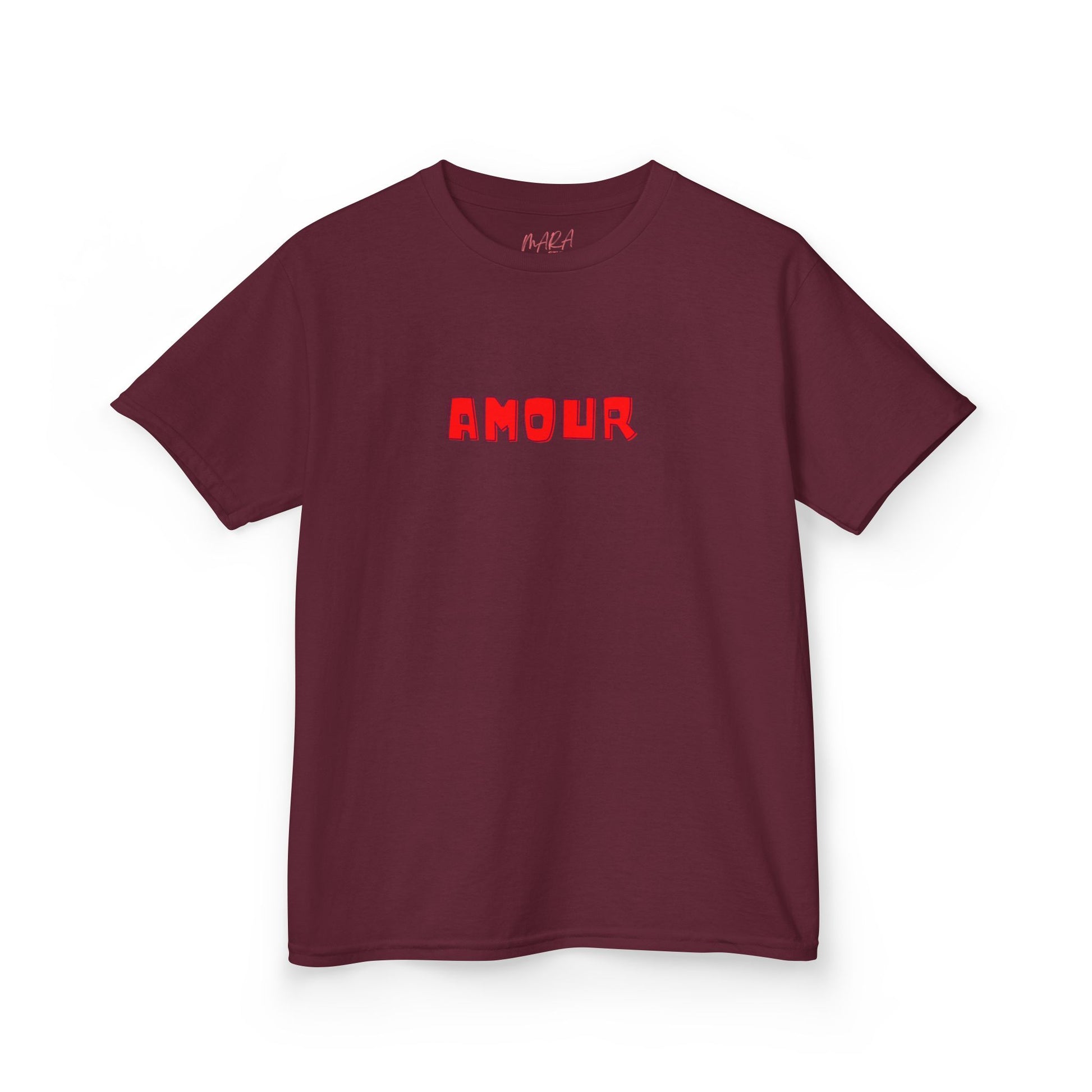 Maroon t-shirt with red 'AMOUR' text on a white background