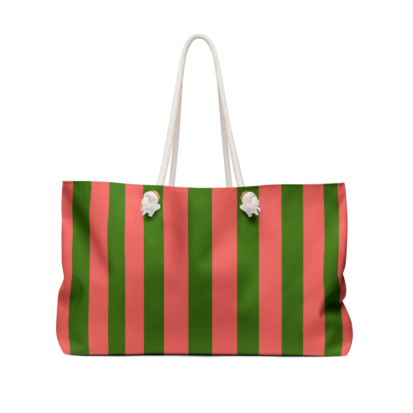 Tote bag with red and green vertical stripes on a white background