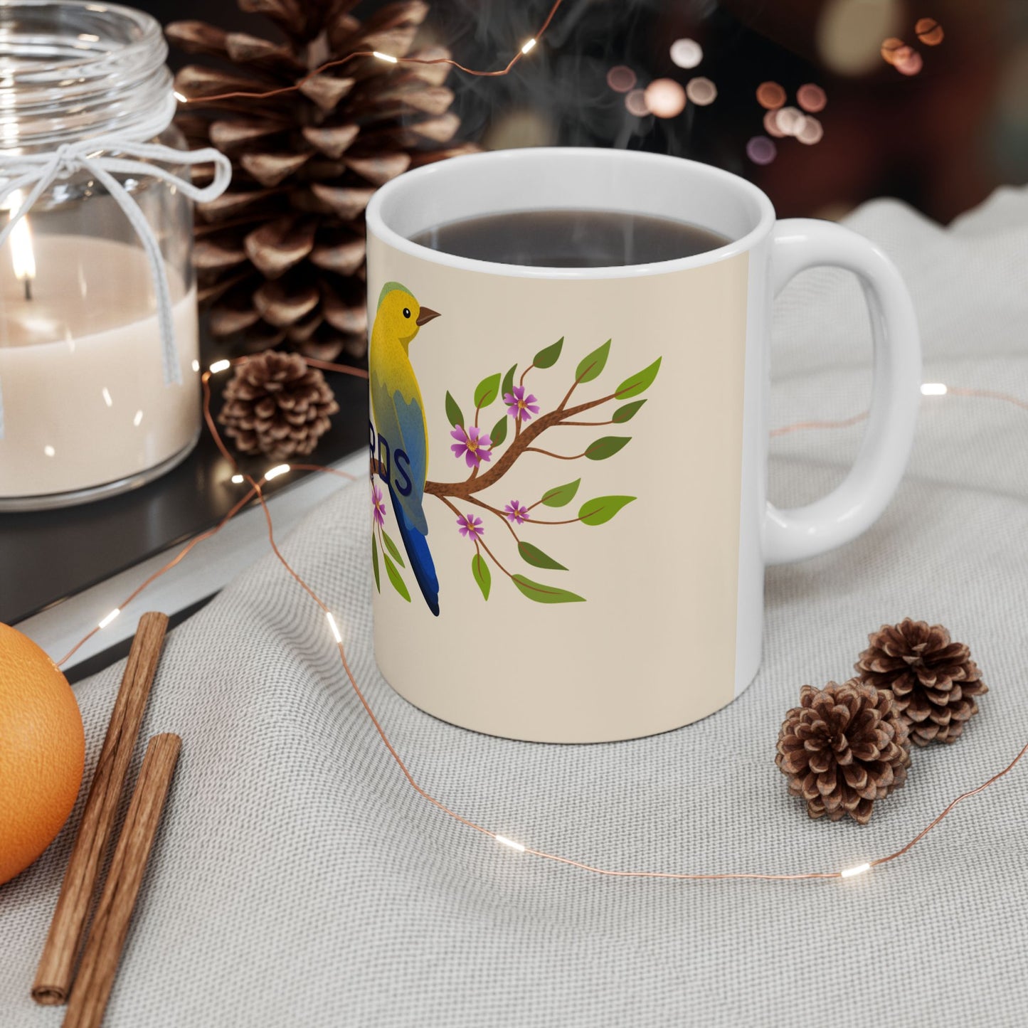 Couples Ceramic Mug — 'Lovebirds: Happy Together' Floral Bird Coffee Cup (11oz/15oz)