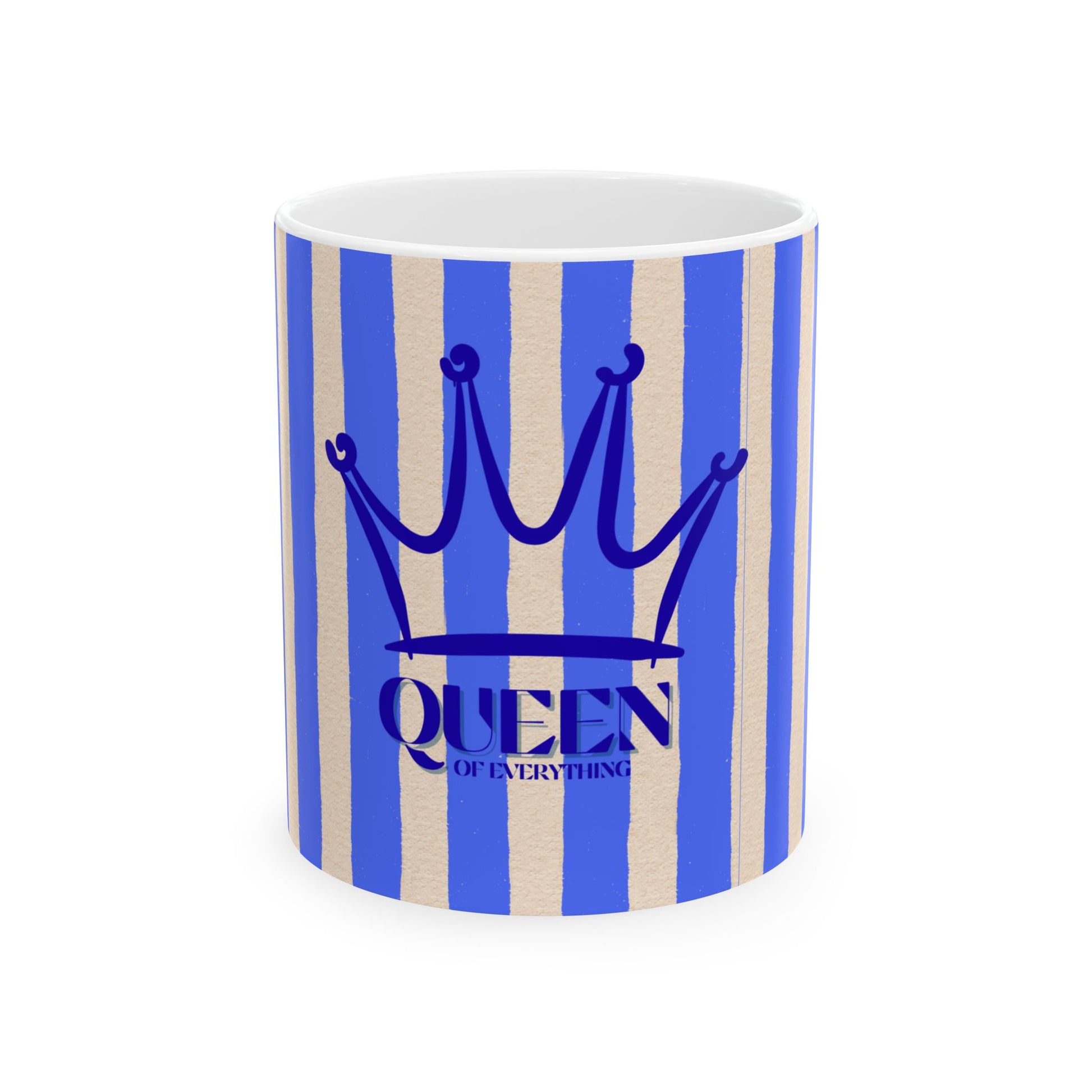 Mug with blue and beige striped design and 'Queen of Everything' text on a white background