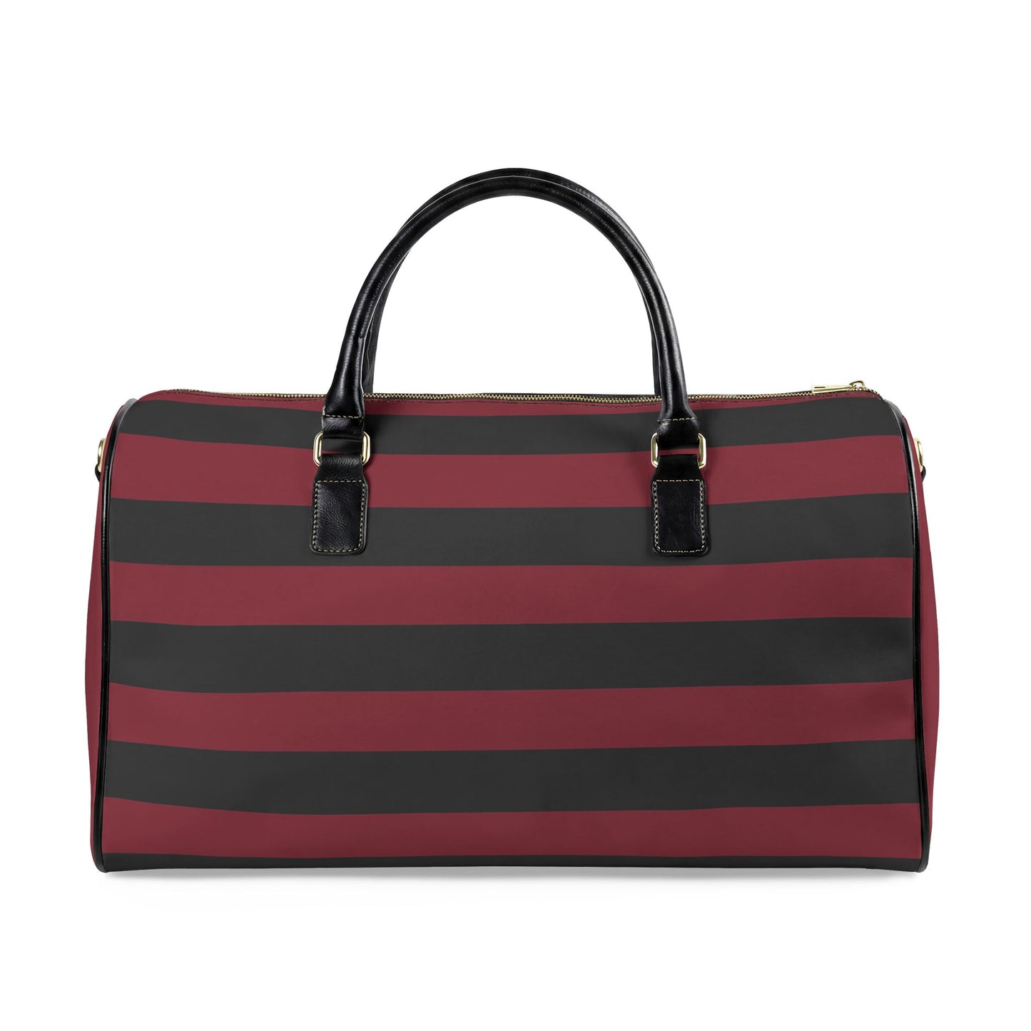 Red and black striped duffel bag on a white background