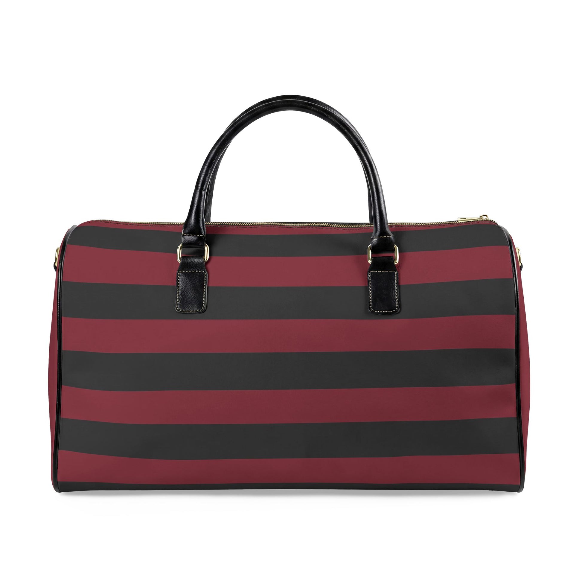 Red and black striped duffel bag on a white background