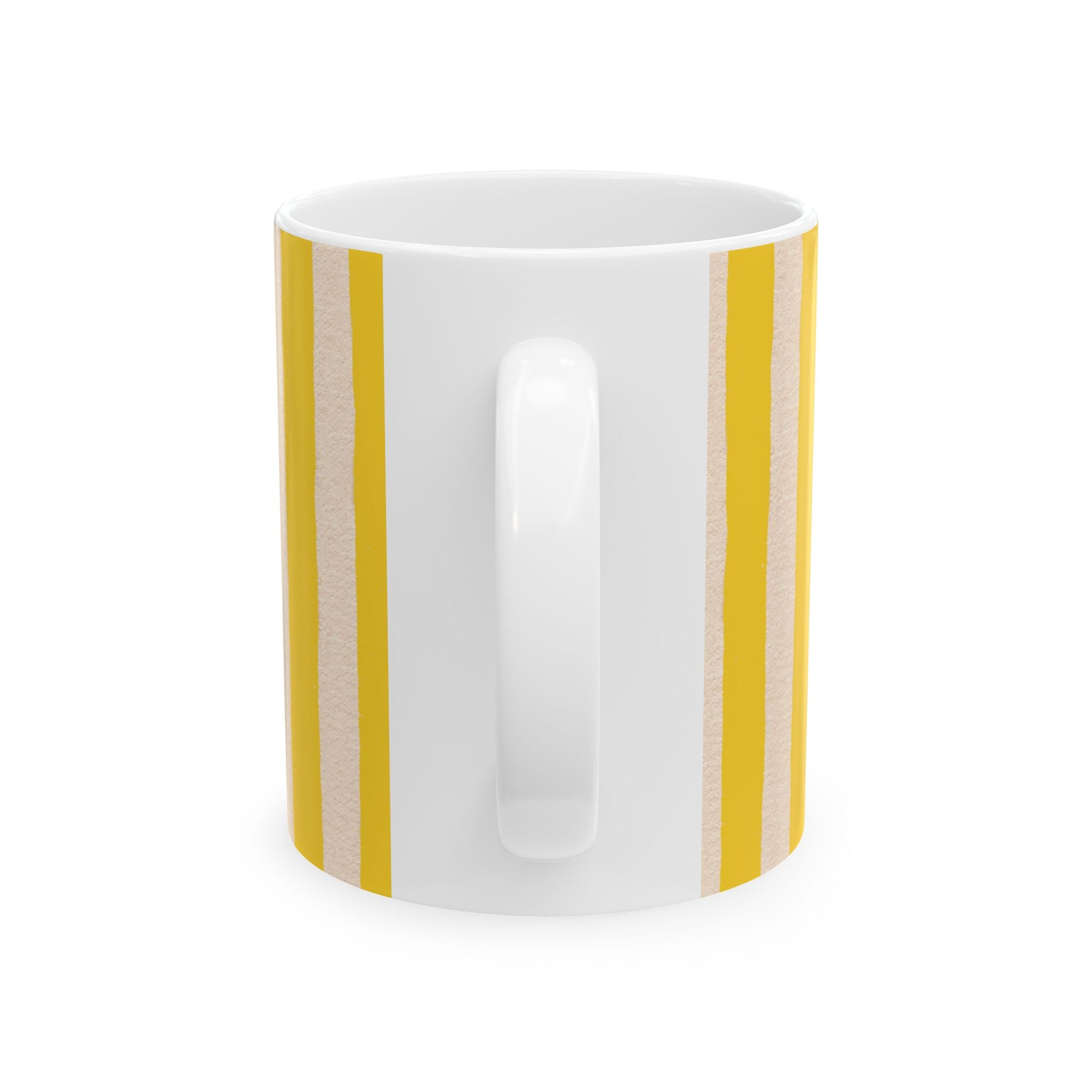 White mug with yellow stripes on a white background