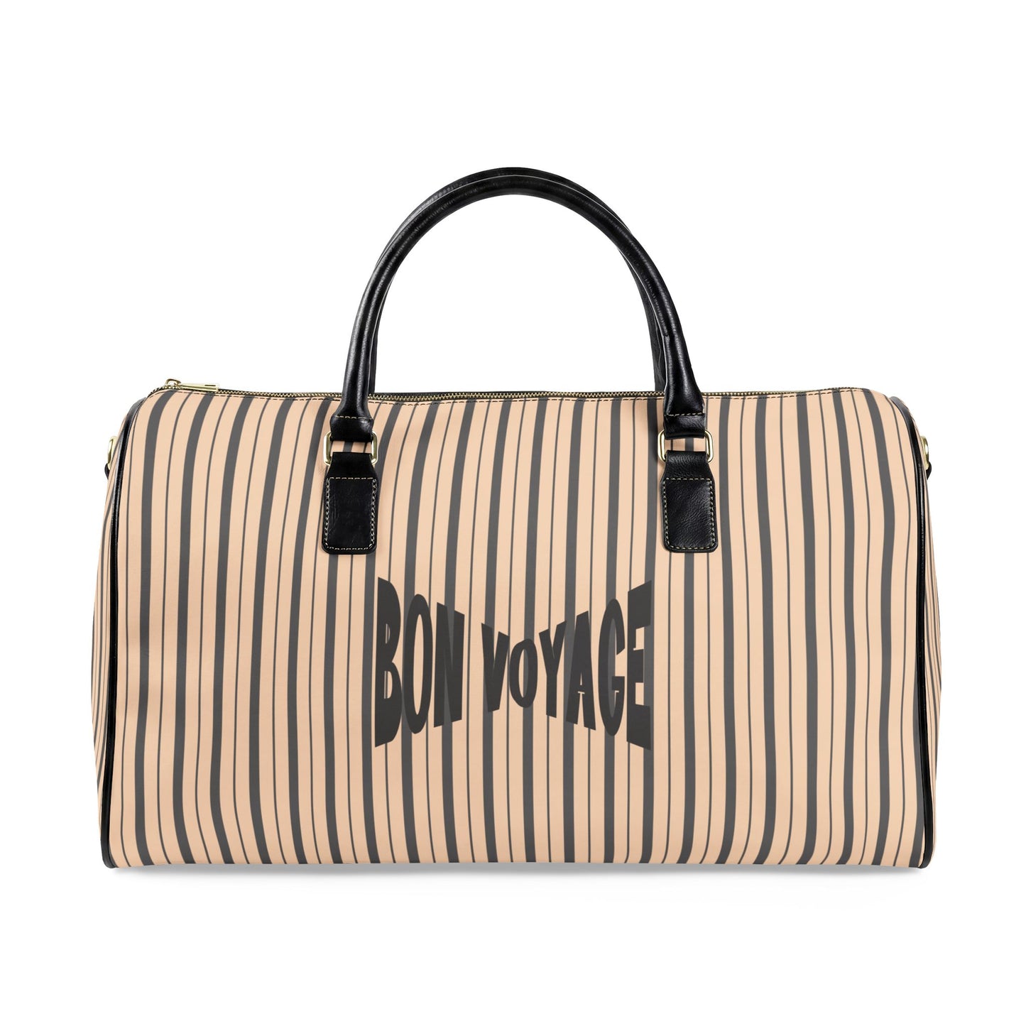 Modern Preppy Leather Travel Bag, BON VOYAGE – Grey/Tan Striped Weekender Duffle