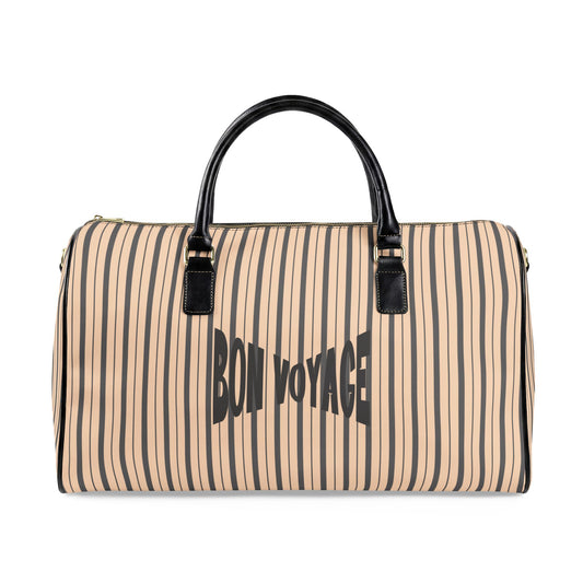Modern Preppy Leather Travel Bag, BON VOYAGE – Grey/Tan Striped Weekender Duffle