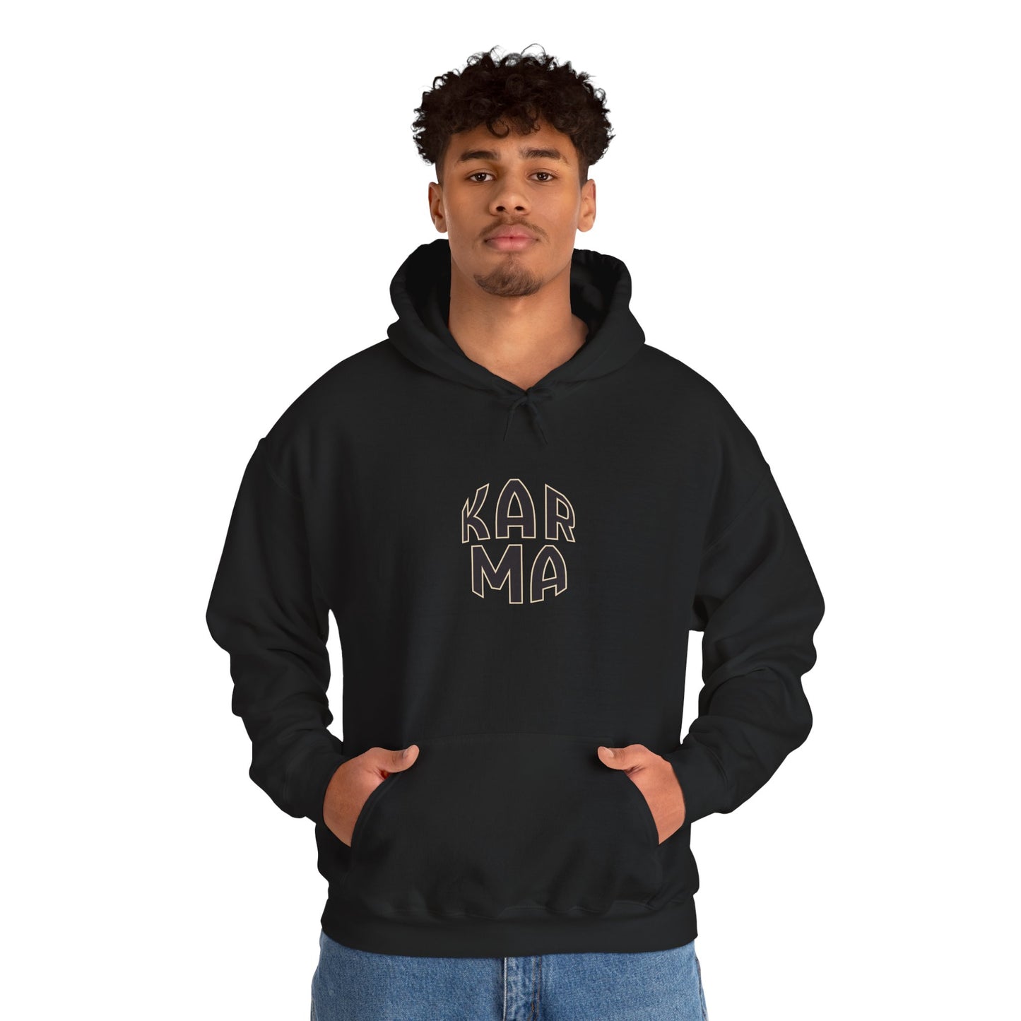 Person wearing a black hoodie with Arabic text and English translation on a white background