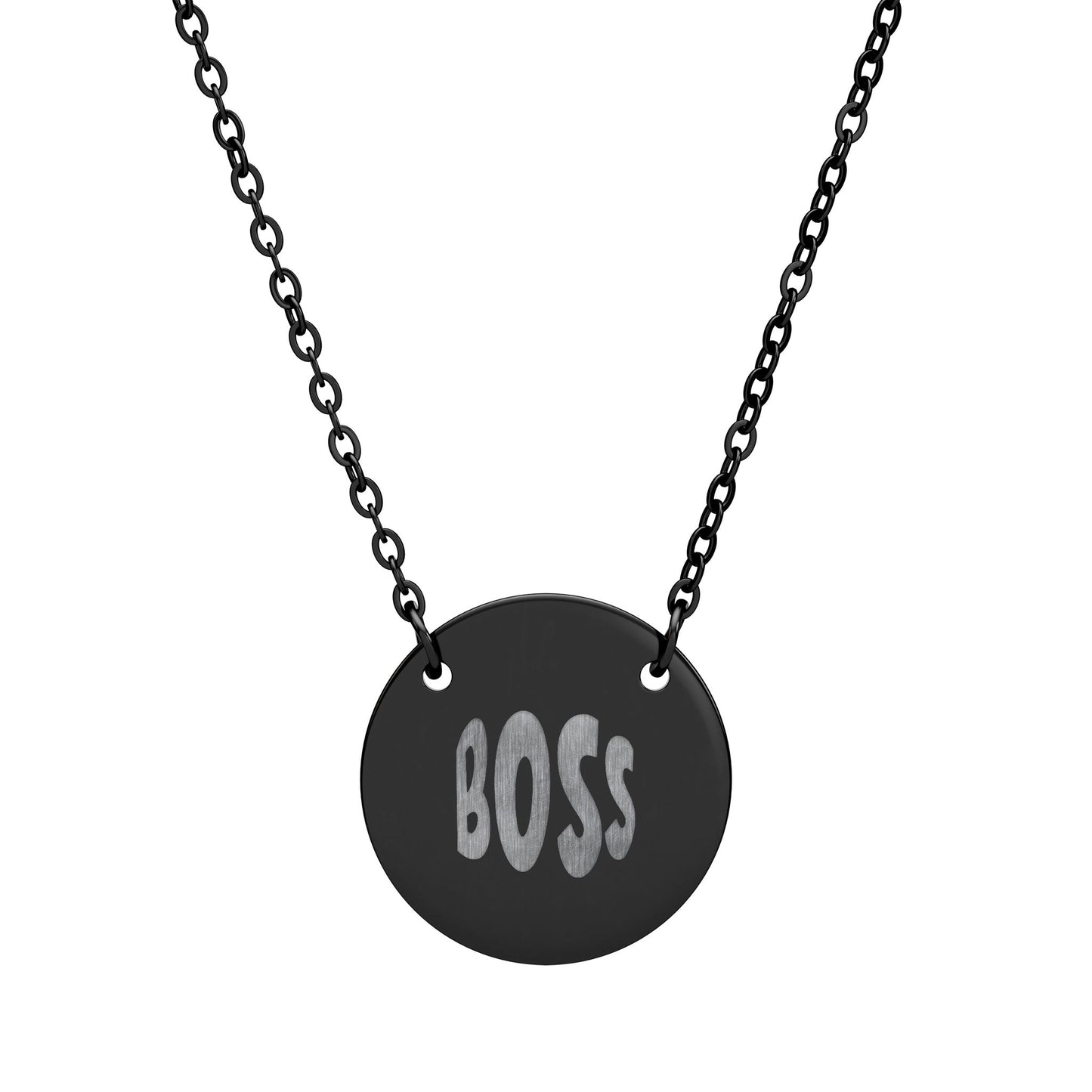 Black necklace with a round pendant displaying the word 'BOSS' on a white background