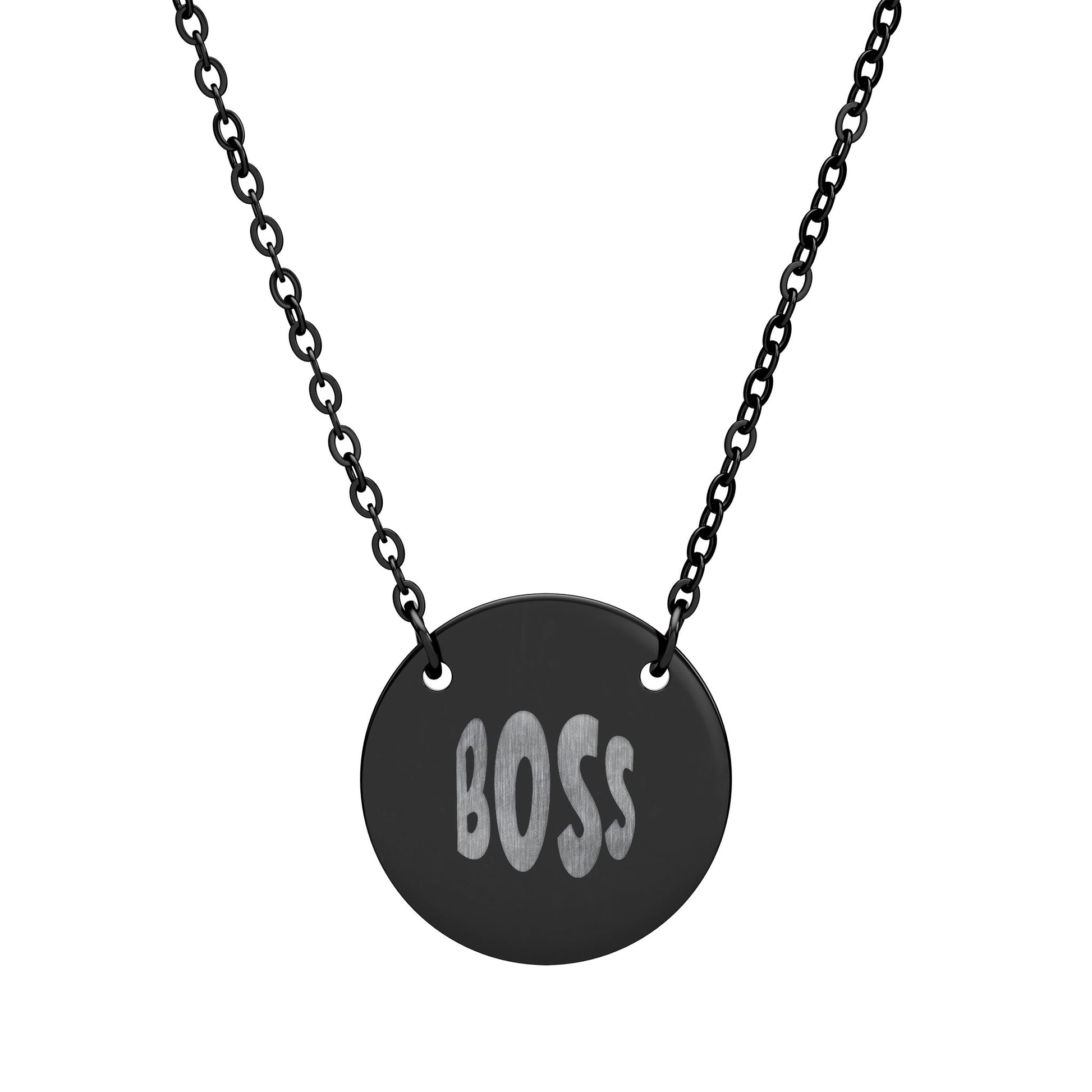 Black necklace with a round pendant displaying the word 'BOSS' on a white background