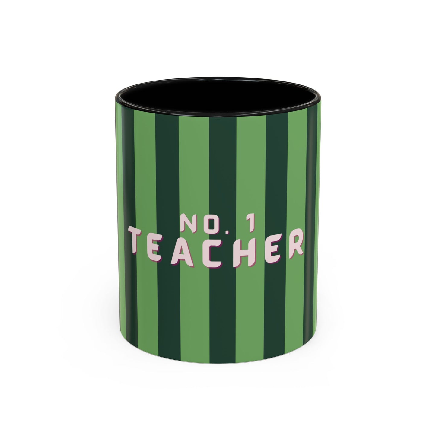 Green striped mug with 'No. 1 Teacher' text on a white background