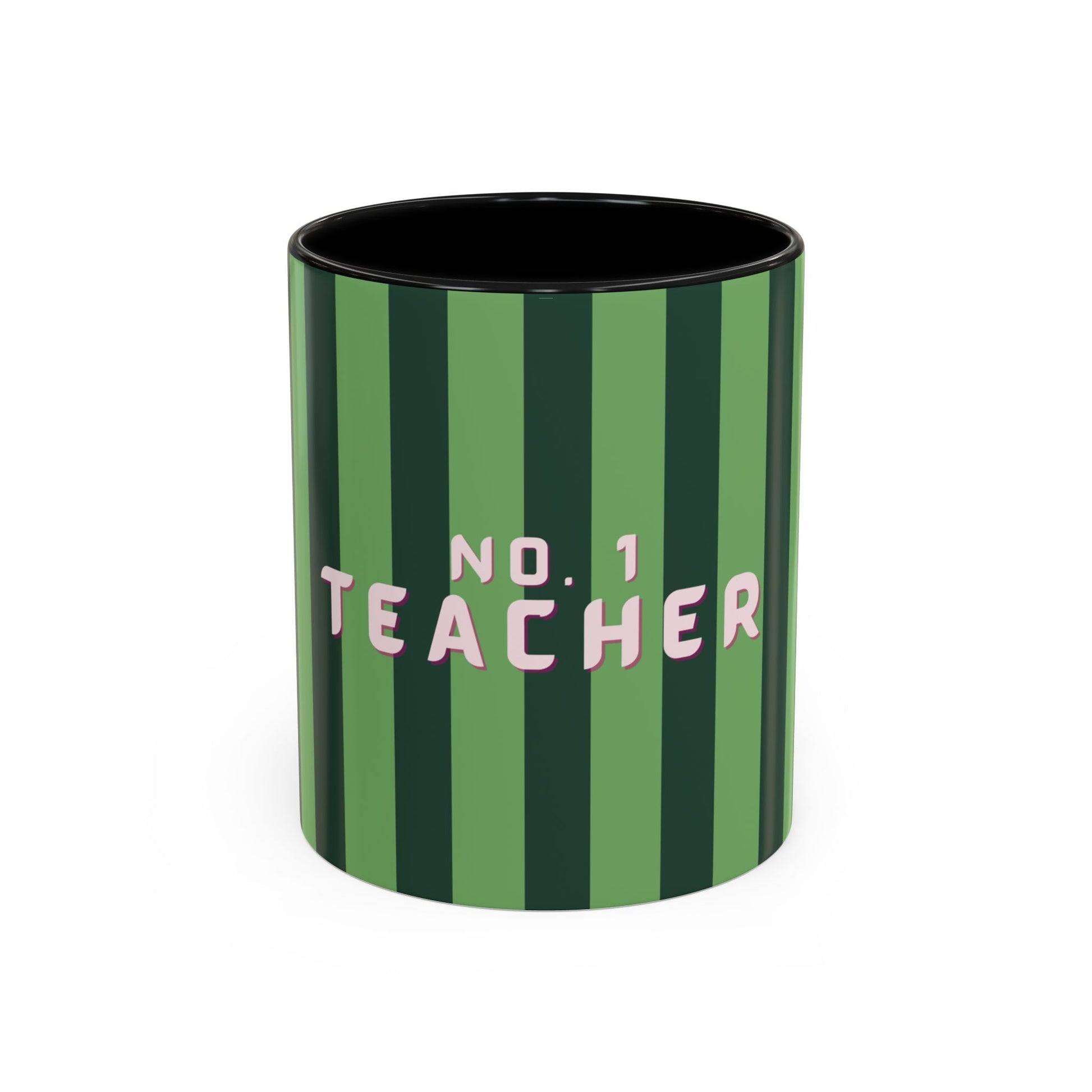 Green striped mug with 'No. 1 Teacher' text on a white background