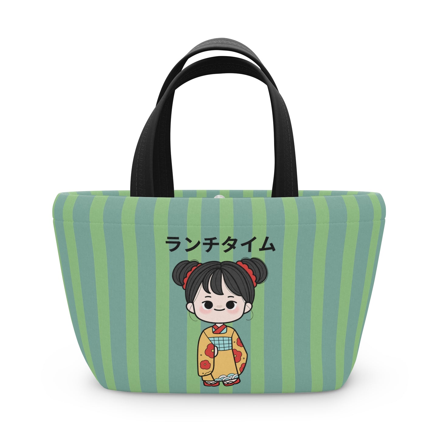 A green and light blue striped tote bag with black handles, featuring a cartoon girl in a yellow kimono and Japanese text 'スアーグリアス' on the front, set against a plain white background.