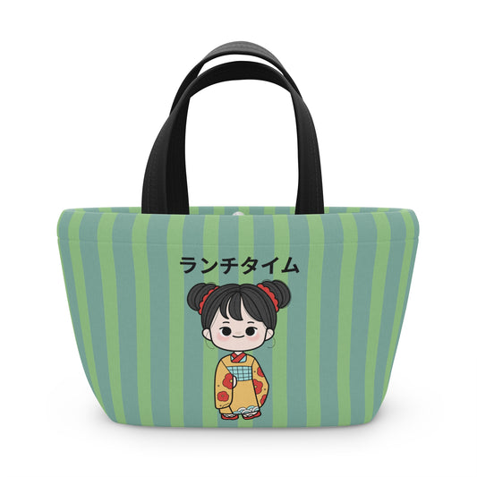 A green and light blue striped tote bag with black handles, featuring a cartoon girl in a yellow kimono and Japanese text 'スアーグリアス' on the front, set against a plain white background.