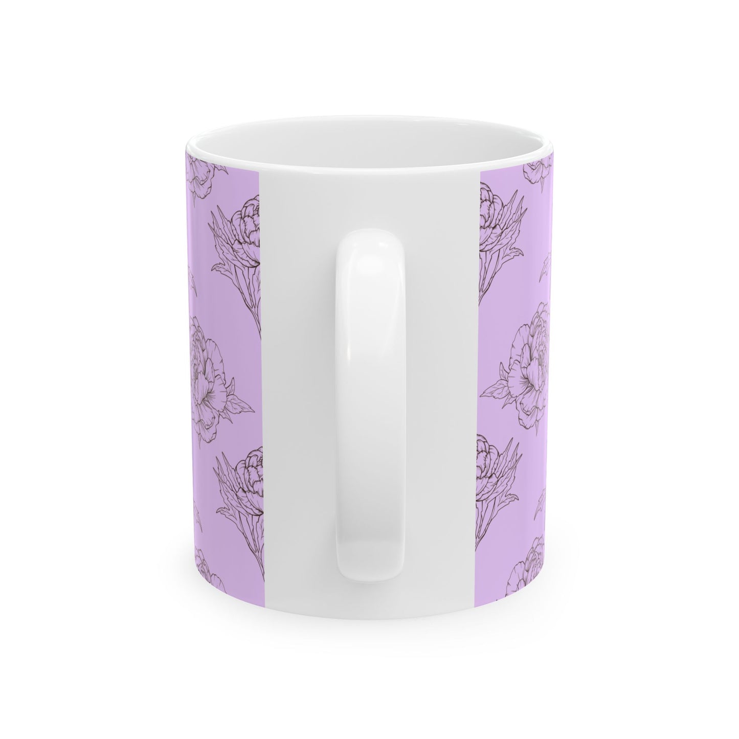 White mug with purple floral pattern on a white background