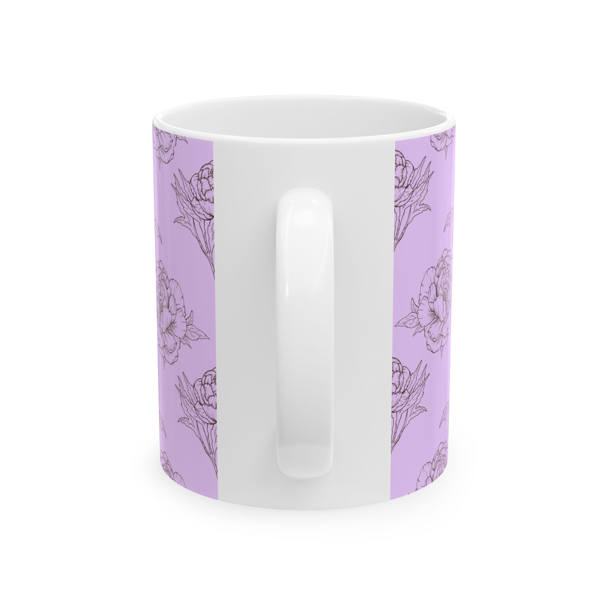 White mug with purple floral pattern on a white background