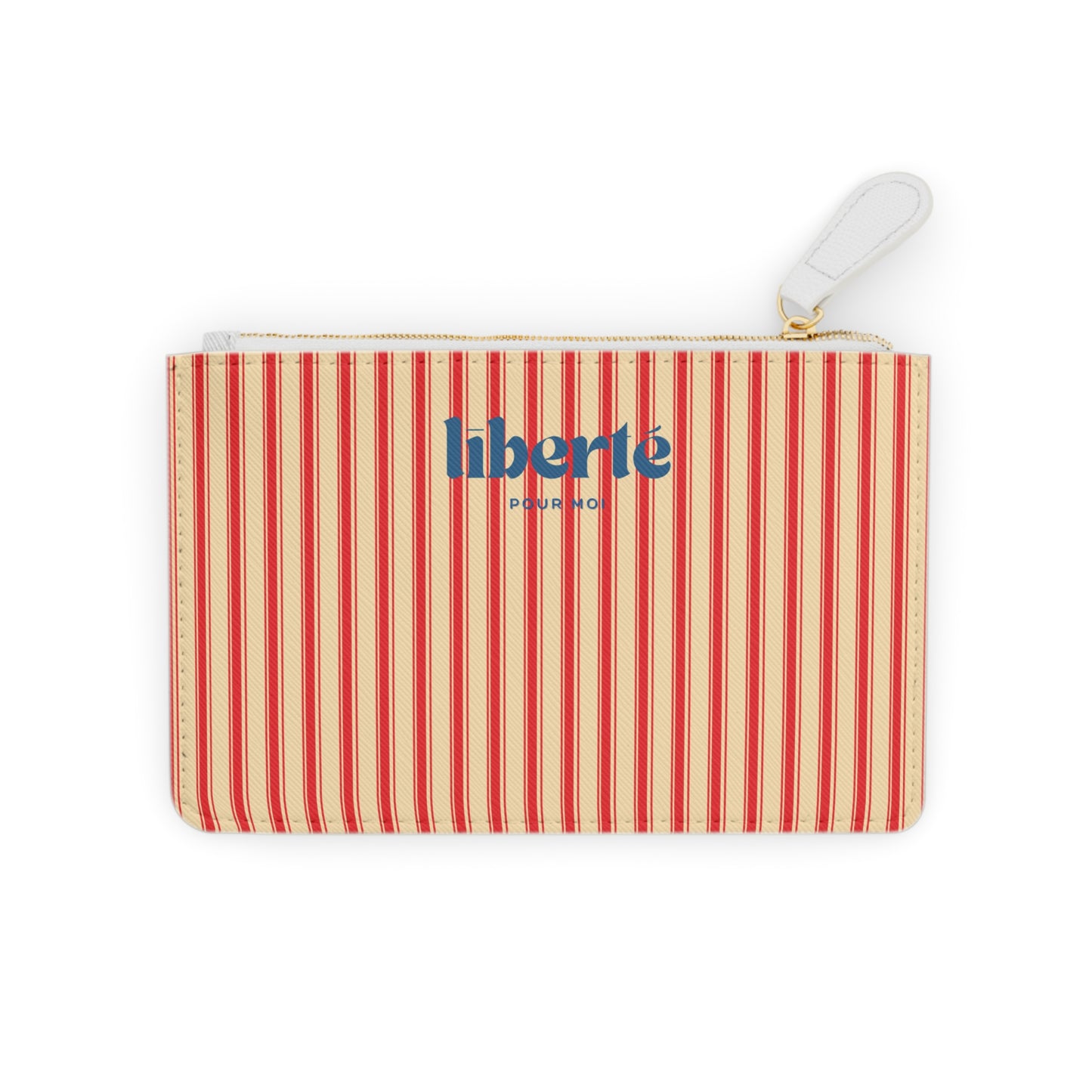 Striped pouch with 'liberte' branding on a white background