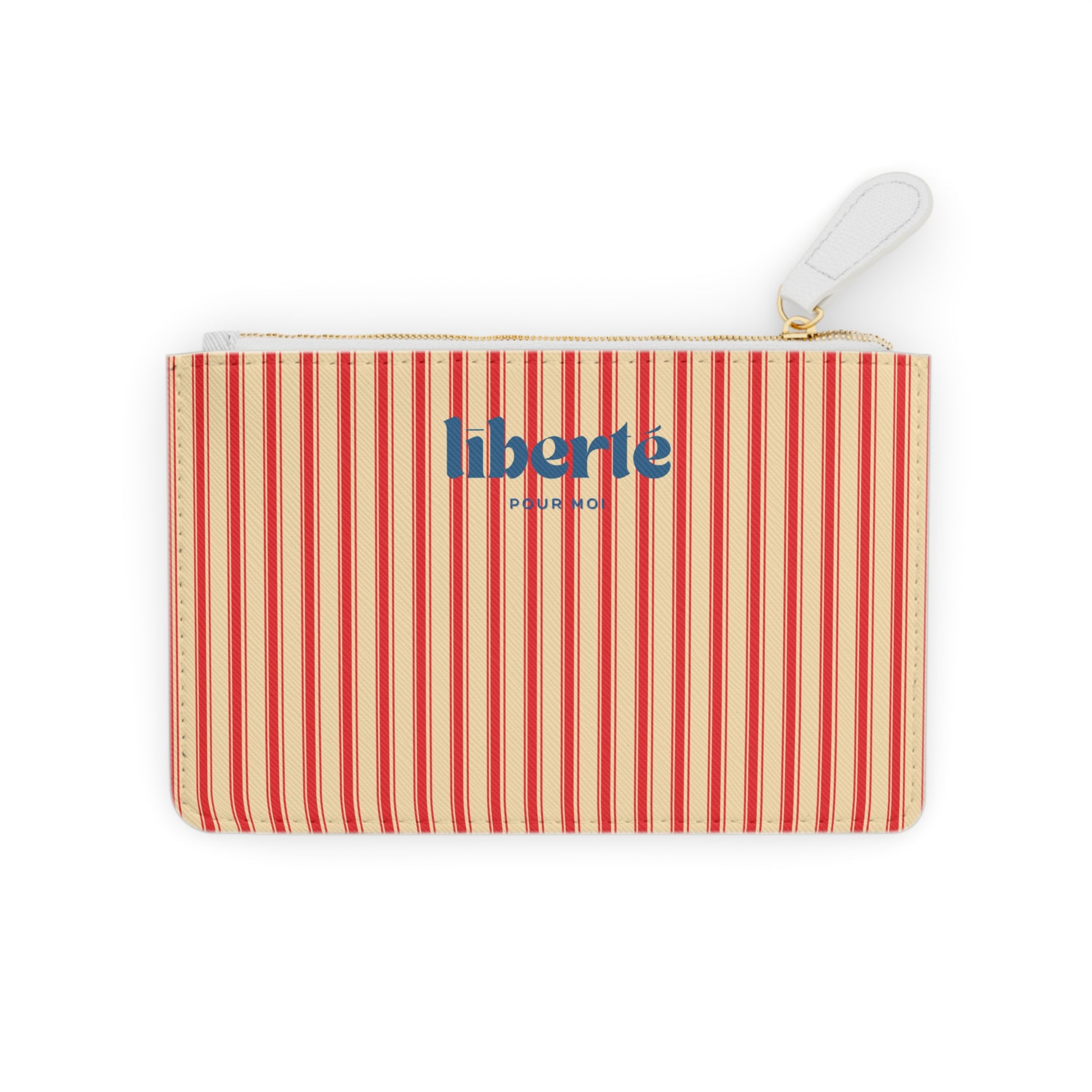 Striped pouch with 'liberte' branding on a white background