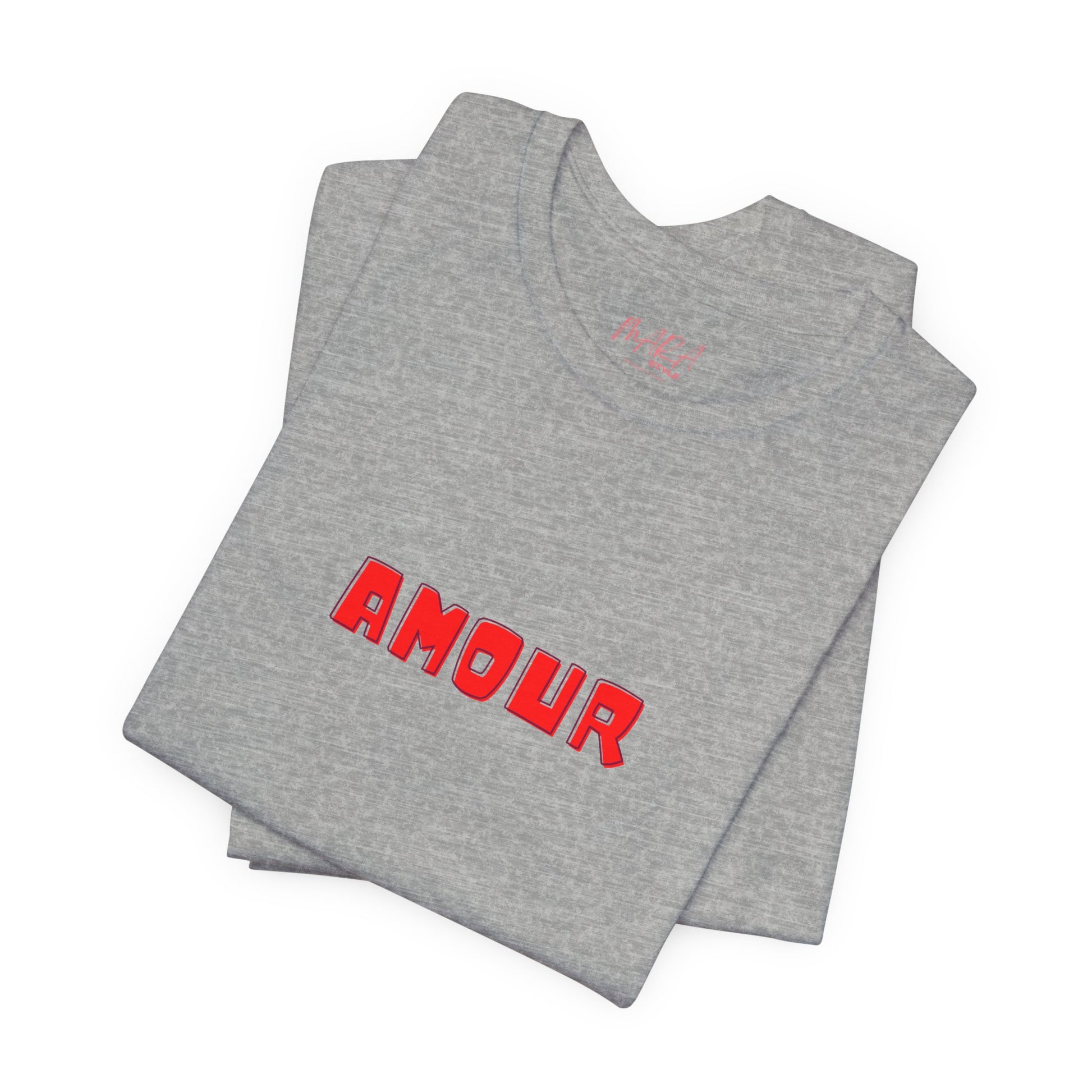 Gray t-shirt with 'AMOUR' in red on a white background