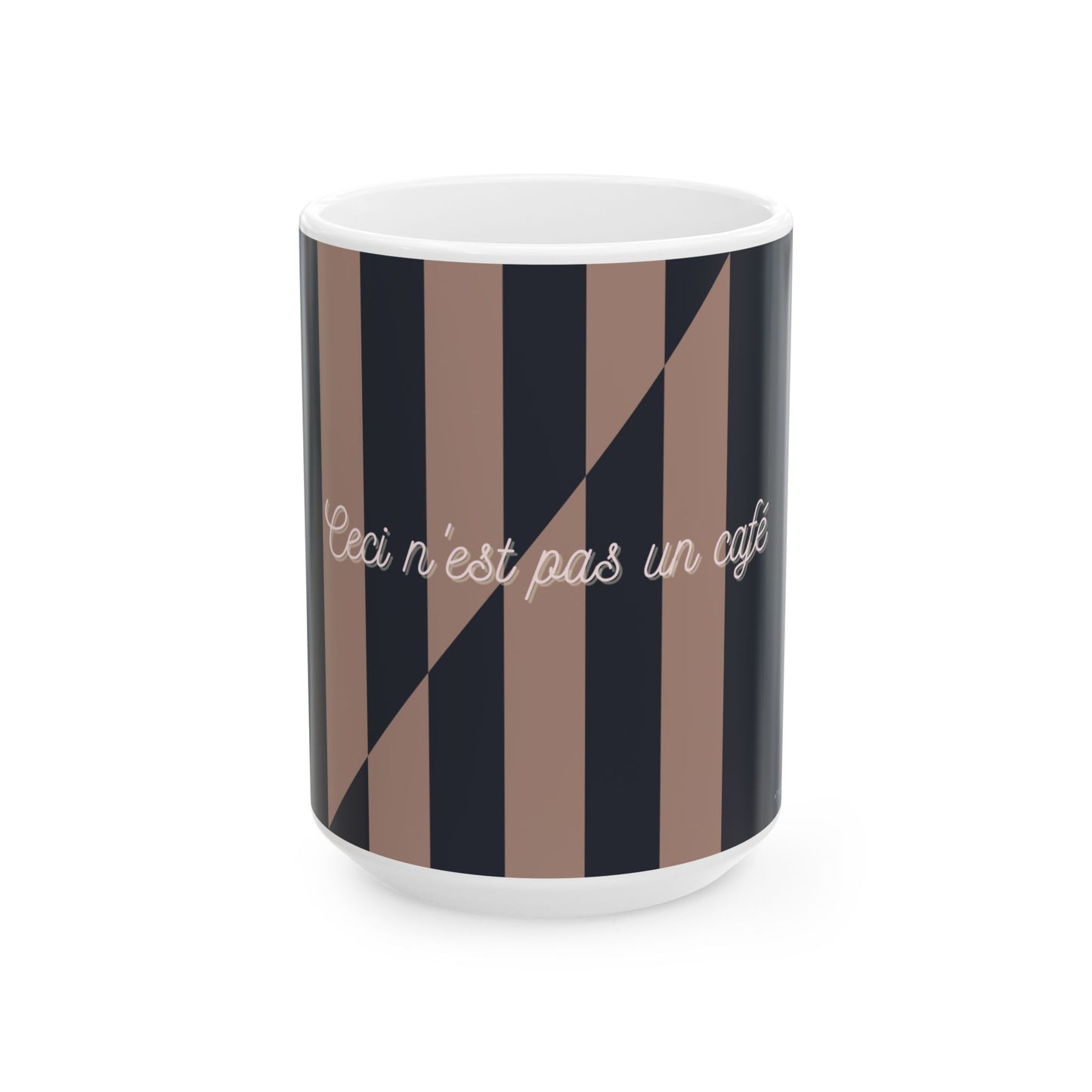 Mug with black and brown diagonal stripes and text on a white background