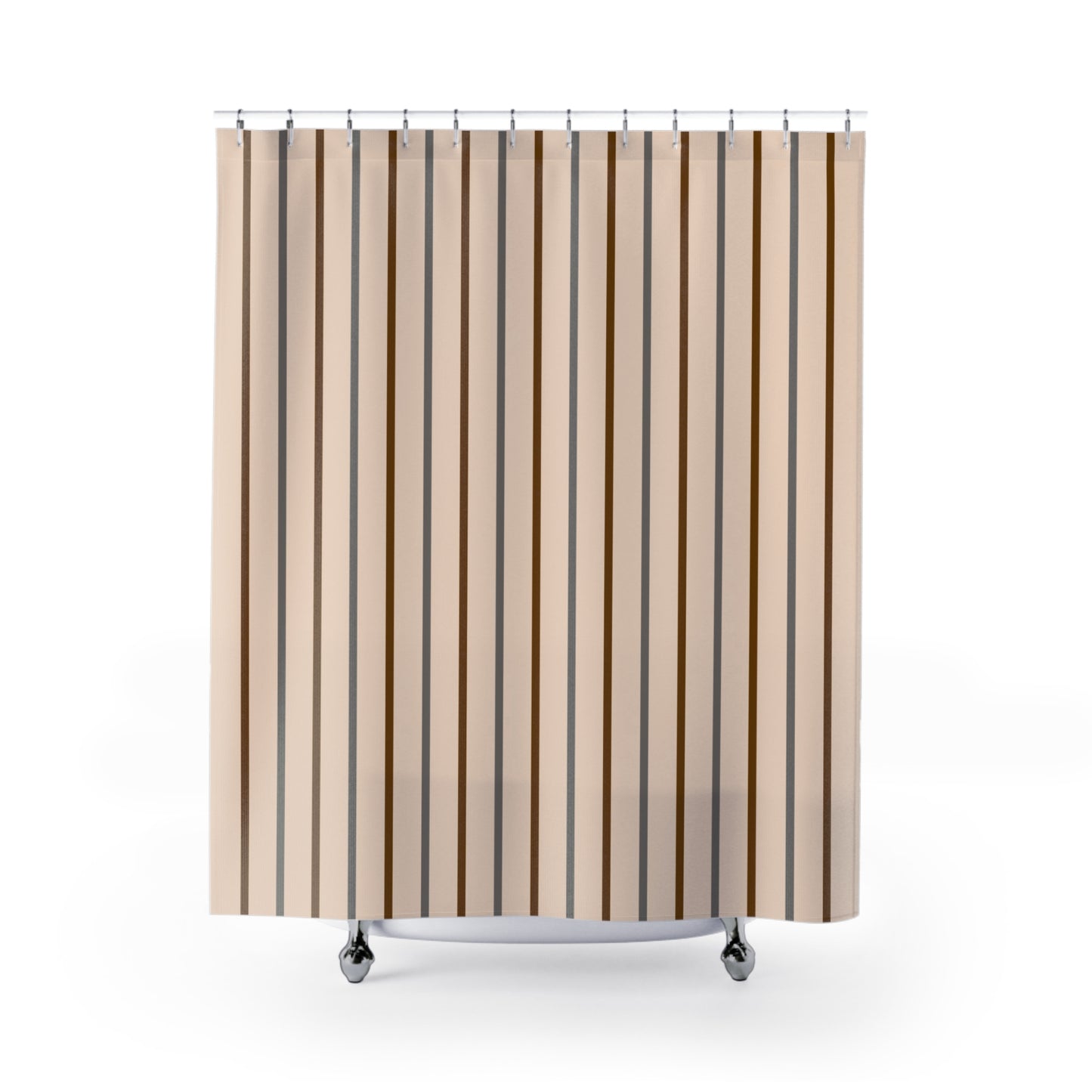 Striped shower curtain with a beige and brown pattern on a white background