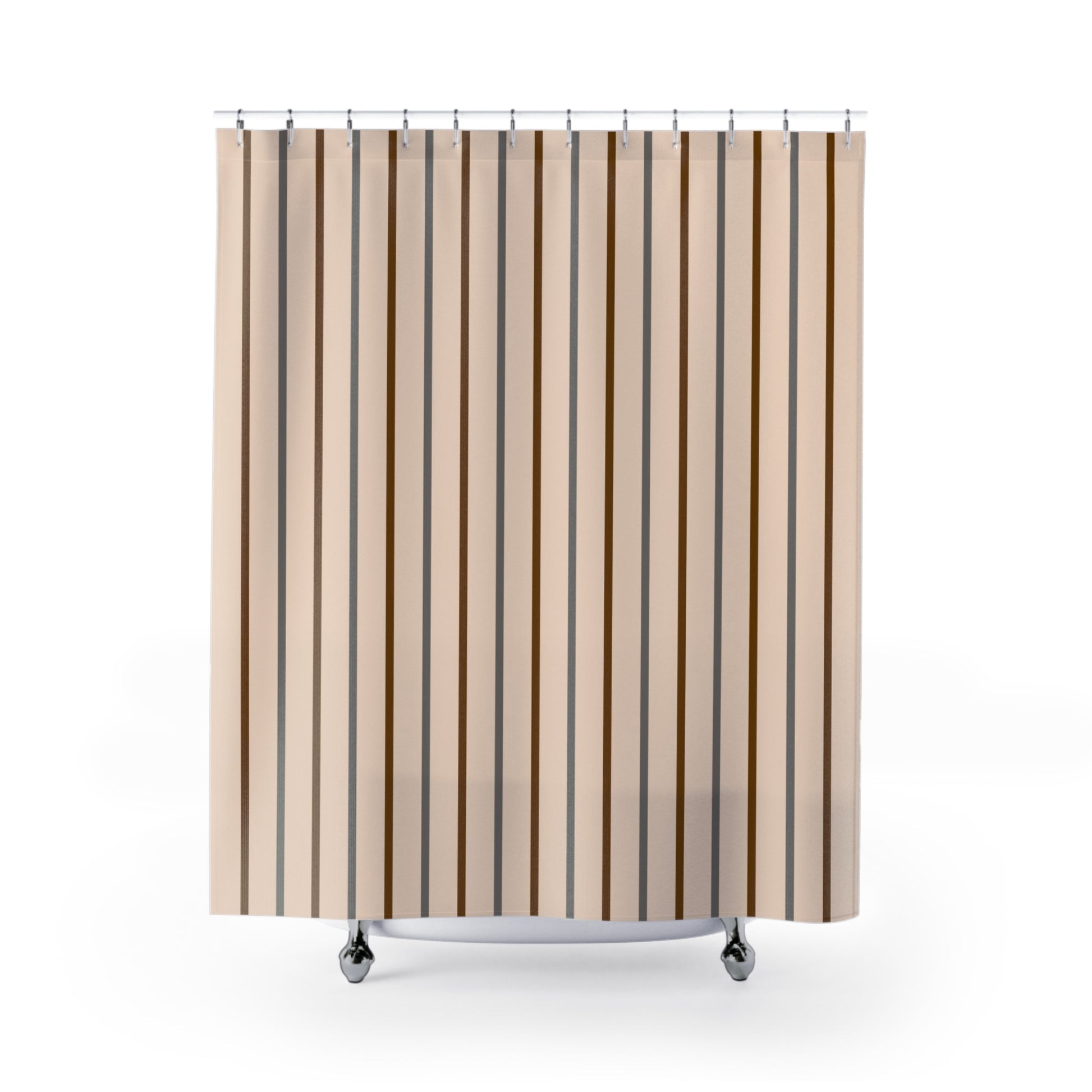 Striped shower curtain with a beige and brown pattern on a white background