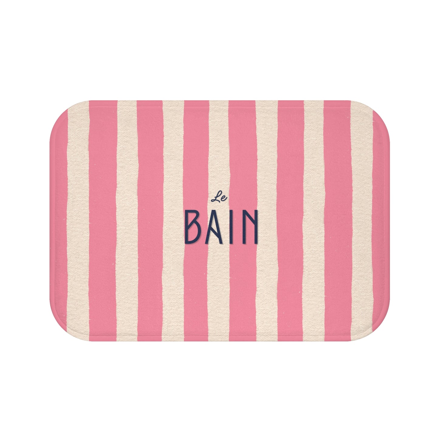 Striped bath mat with 'Le Bain' text on a white background