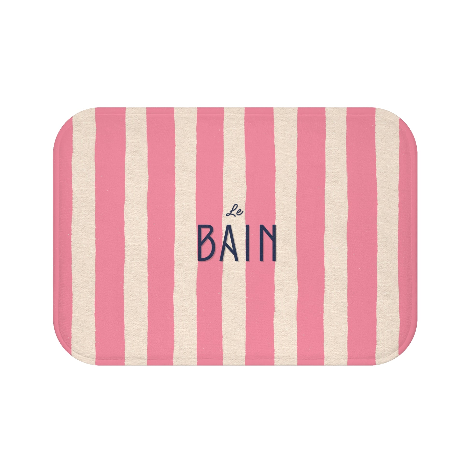 Striped bath mat with 'Le Bain' text on a white background