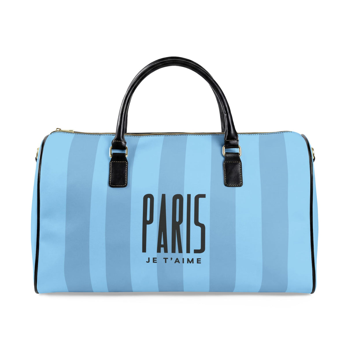 A light blue and medium blue vertically striped duffle bag with black leather handles and trim, featuring the text 'PARIS JE T'AIME' printed in black on the front.