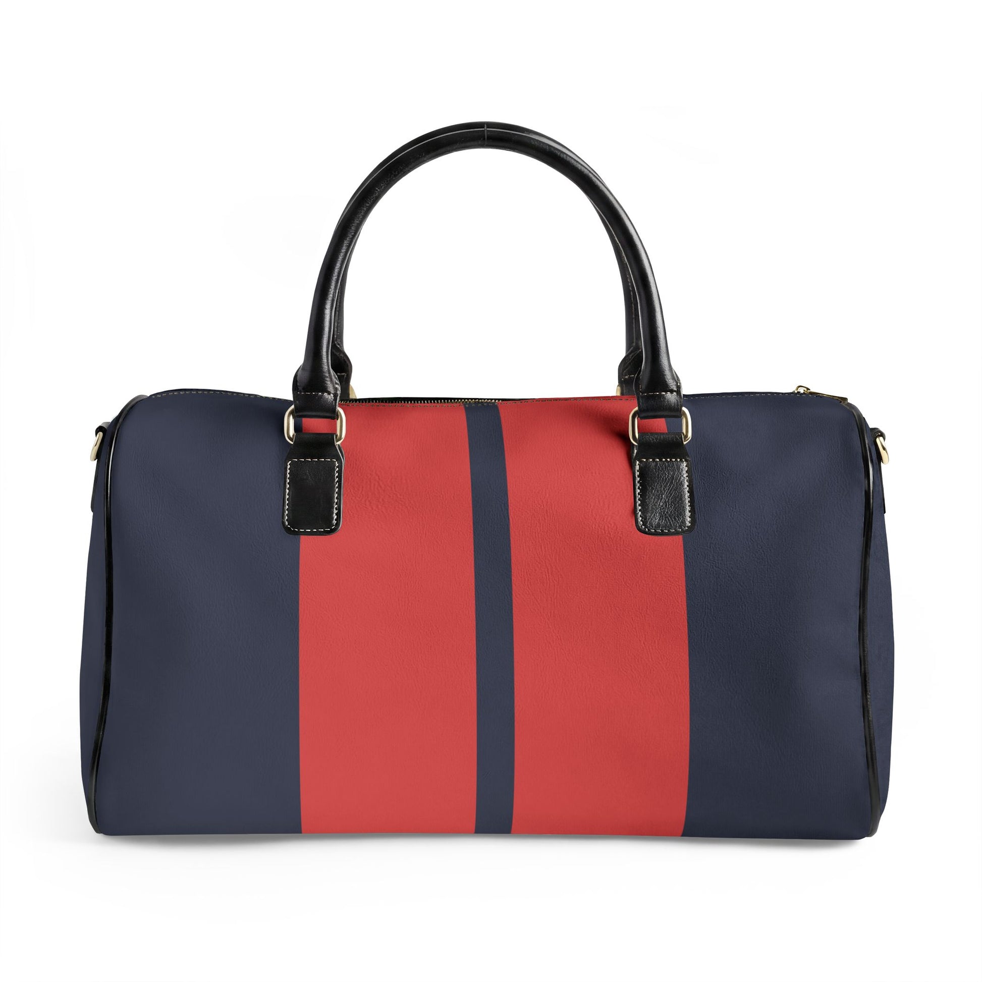 Navy and red striped duffel bag with black handles on a white background
