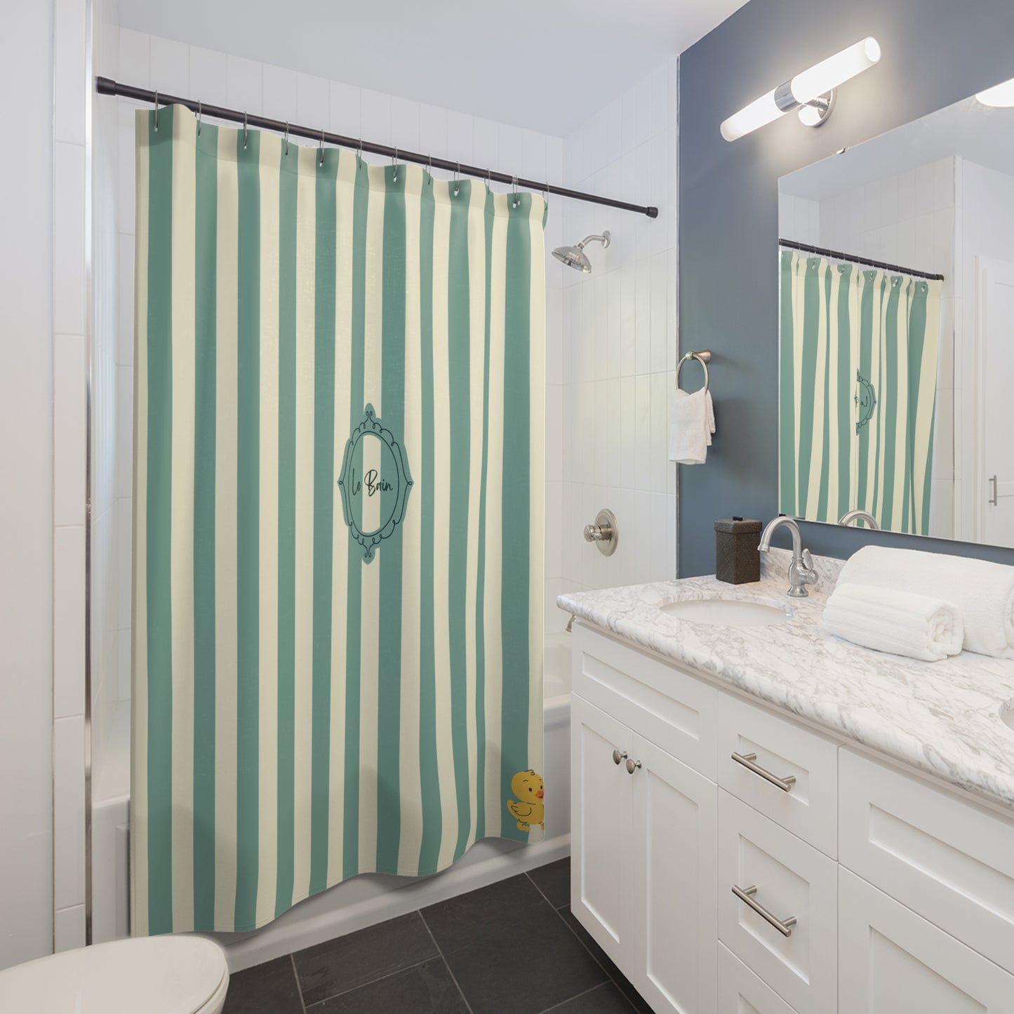 Striped Green/Cream Shower Curtain with Duck "Le Bain"  — French Kids Bathroom Decor