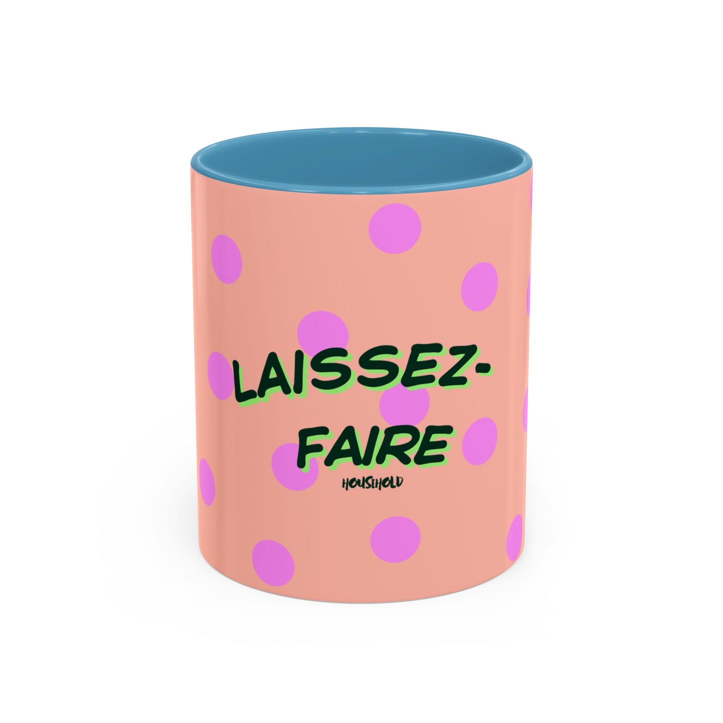Cylindrical container with pink polka dots and green text on a white background