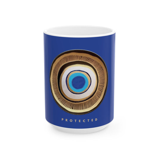 A blue ceramic mug with a white interior and base, featuring a circular eye motif in gold, white, and light blue on the front, with the word 'PROTECTED' printed below in white.