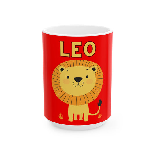 Red mug with a lion illustration and 'LEO' text on a white background