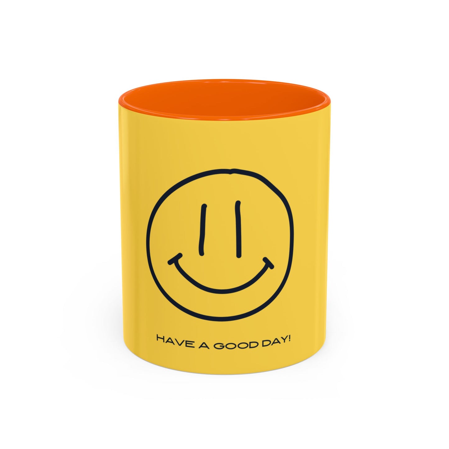 Yellow mug with smiley face and 'Have a good day!' text on a white background
