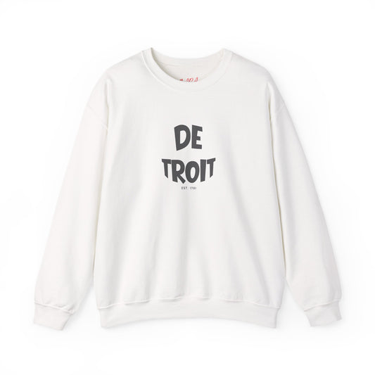 White sweatshirt with 'DE TROIT' text on a white background