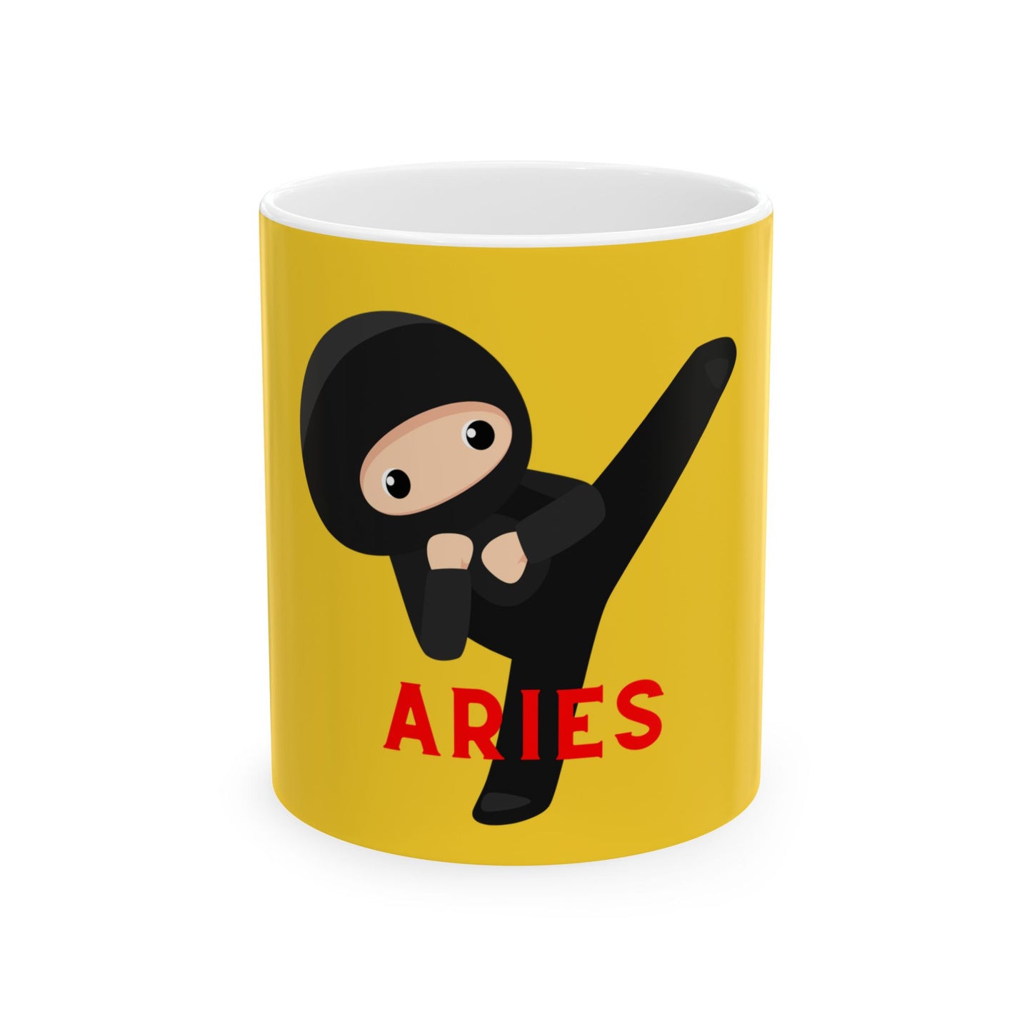 Yellow mug with a cartoon character in a ninja pose and 'ARIES' text on a white background