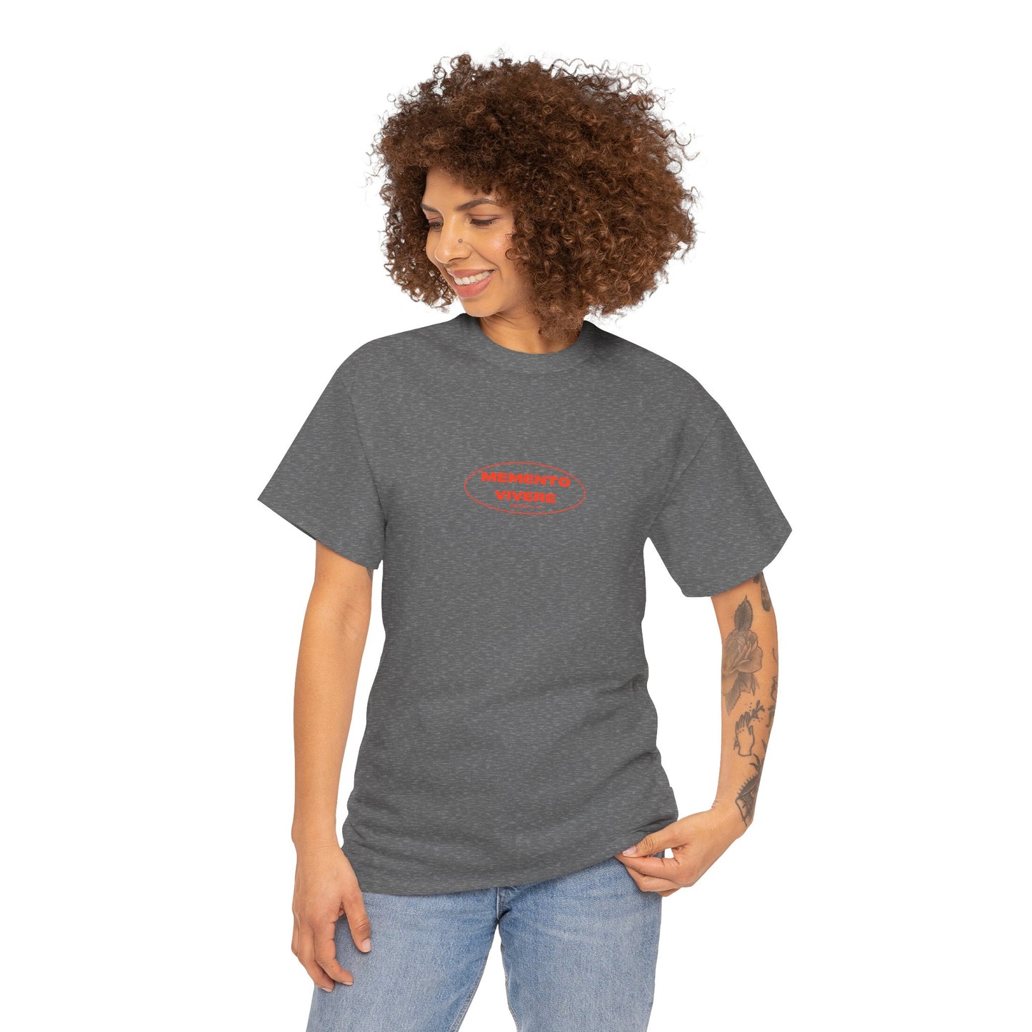 Woman wearing a gray t-shirt with a red logo on a white background