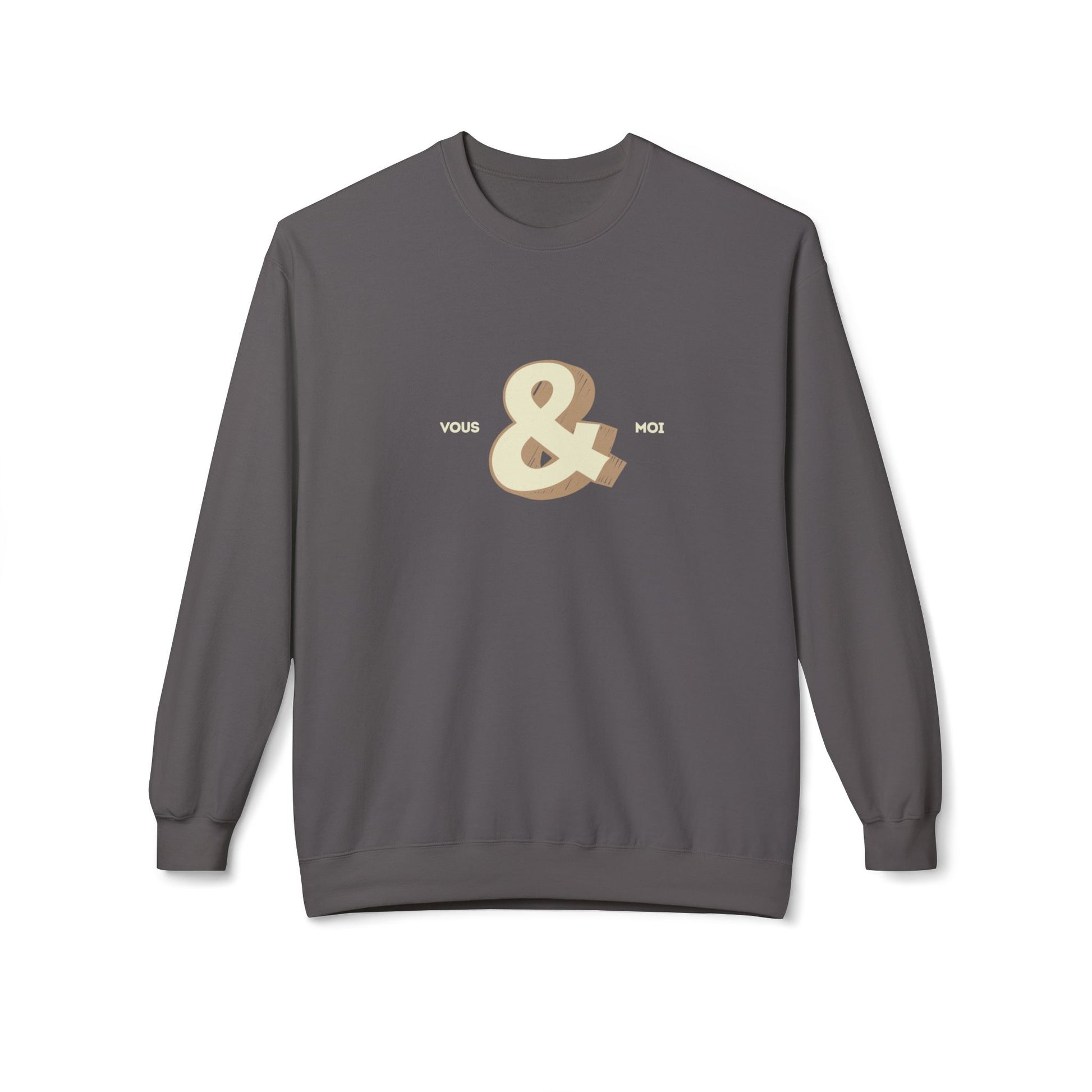 Gray couples sweatshirt with a gold ampersand and text on a white background