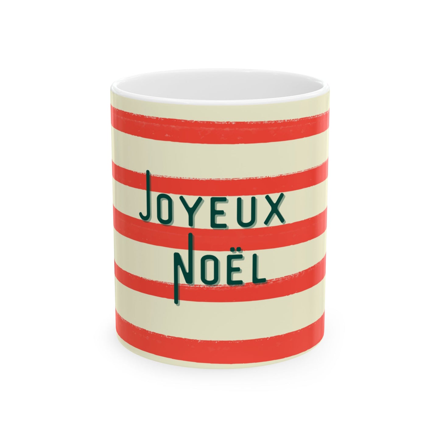 Striped mug with 'Joyeux Noel' text on a white background