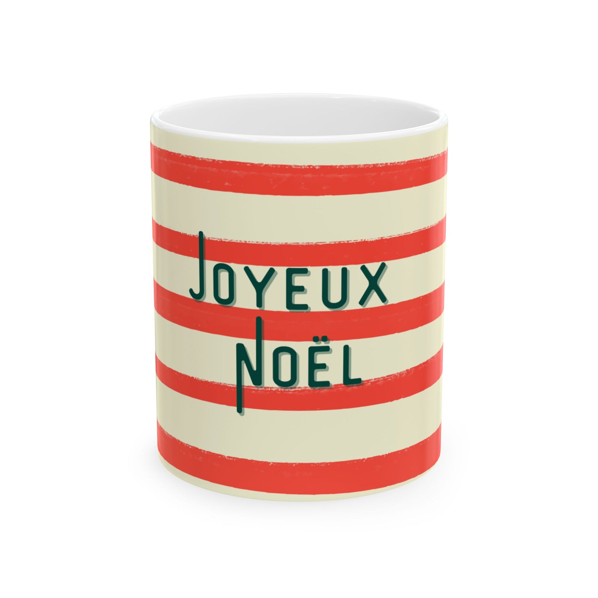 Striped mug with 'Joyeux Noel' text on a white background