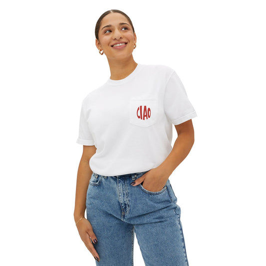 Person wearing a white t-shirt with 'CIAO' in red text and blue jeans on a white background