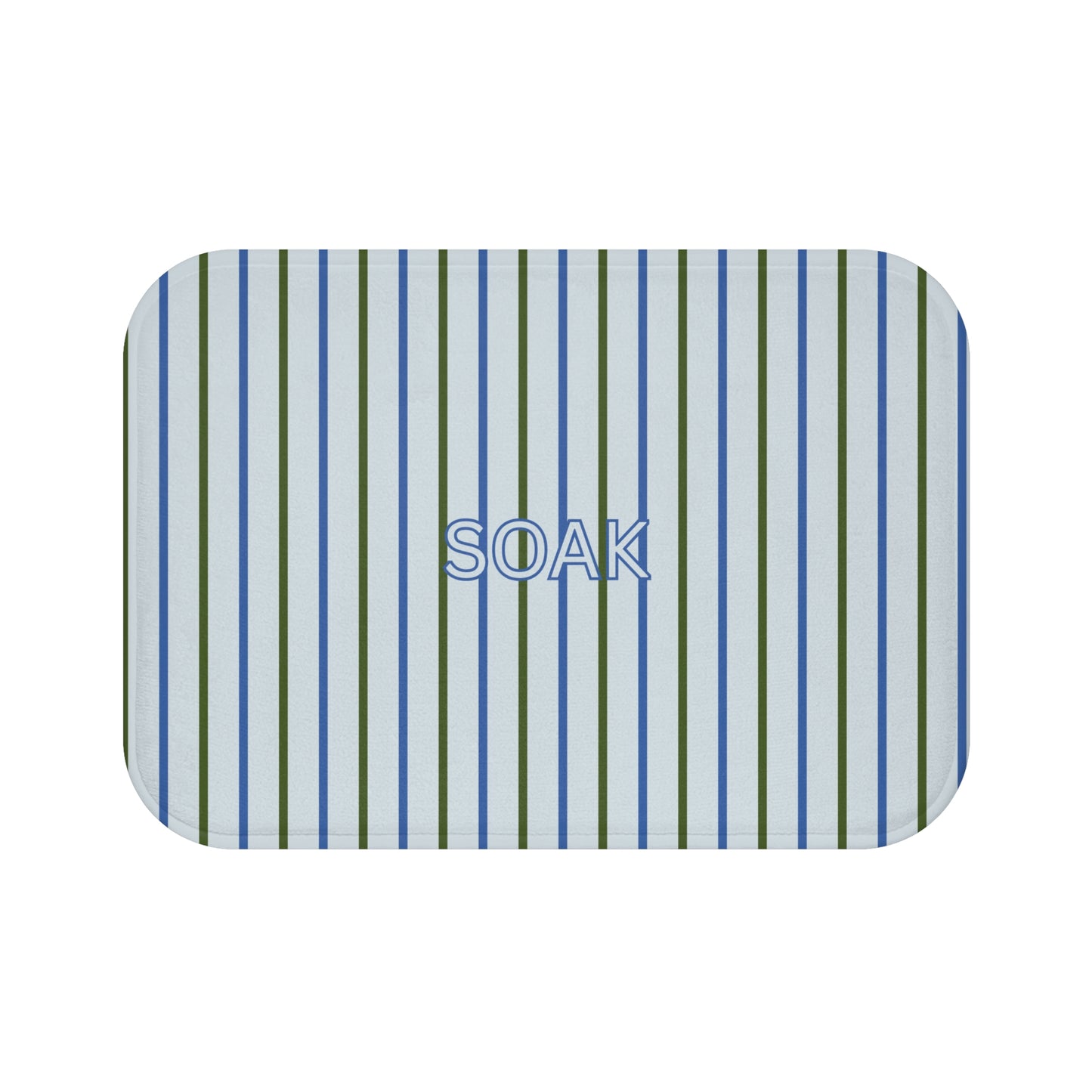 BATH mat with blue and green stripes and the word 'SOAK' on a white background