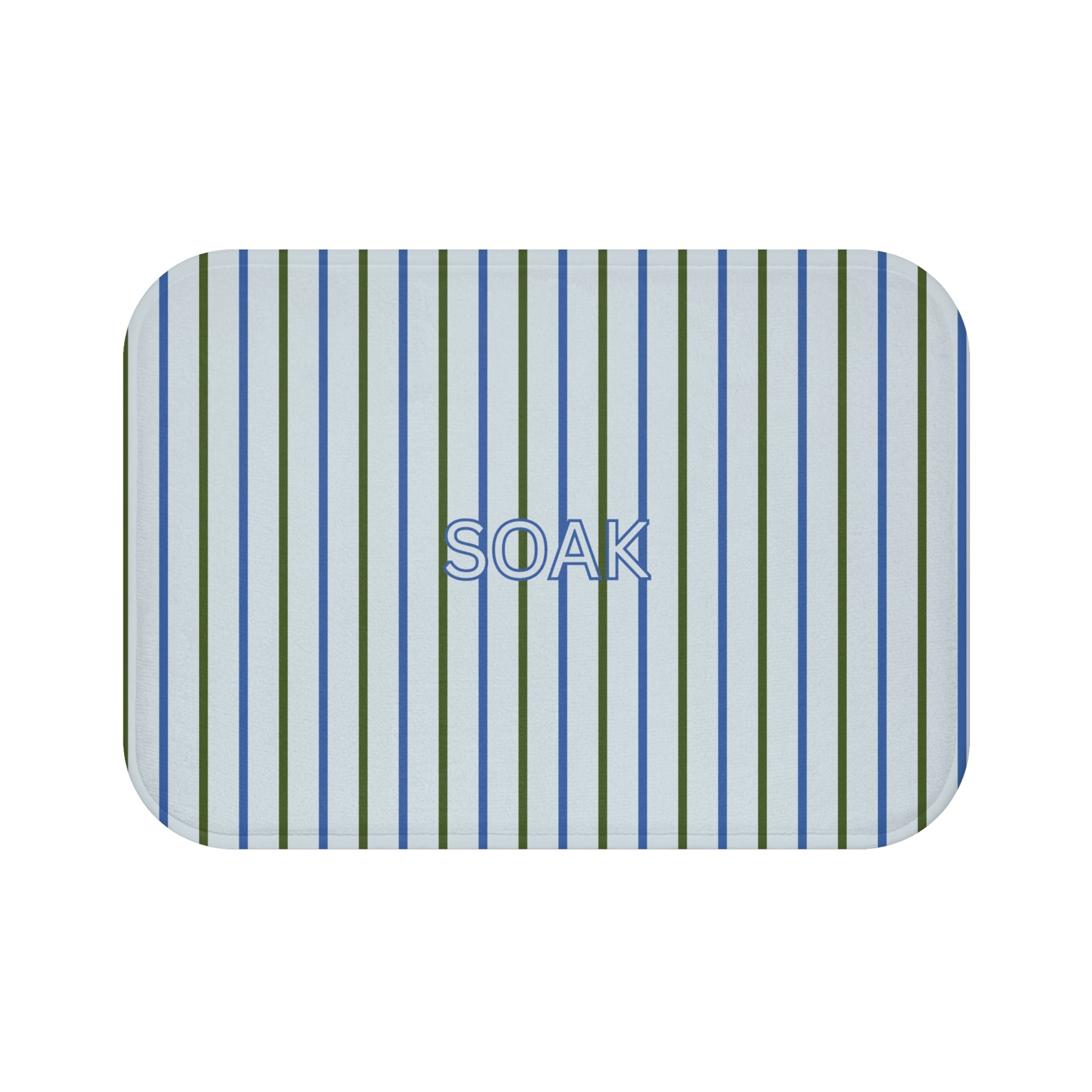 BATH mat with blue and green stripes and the word 'SOAK' on a white background