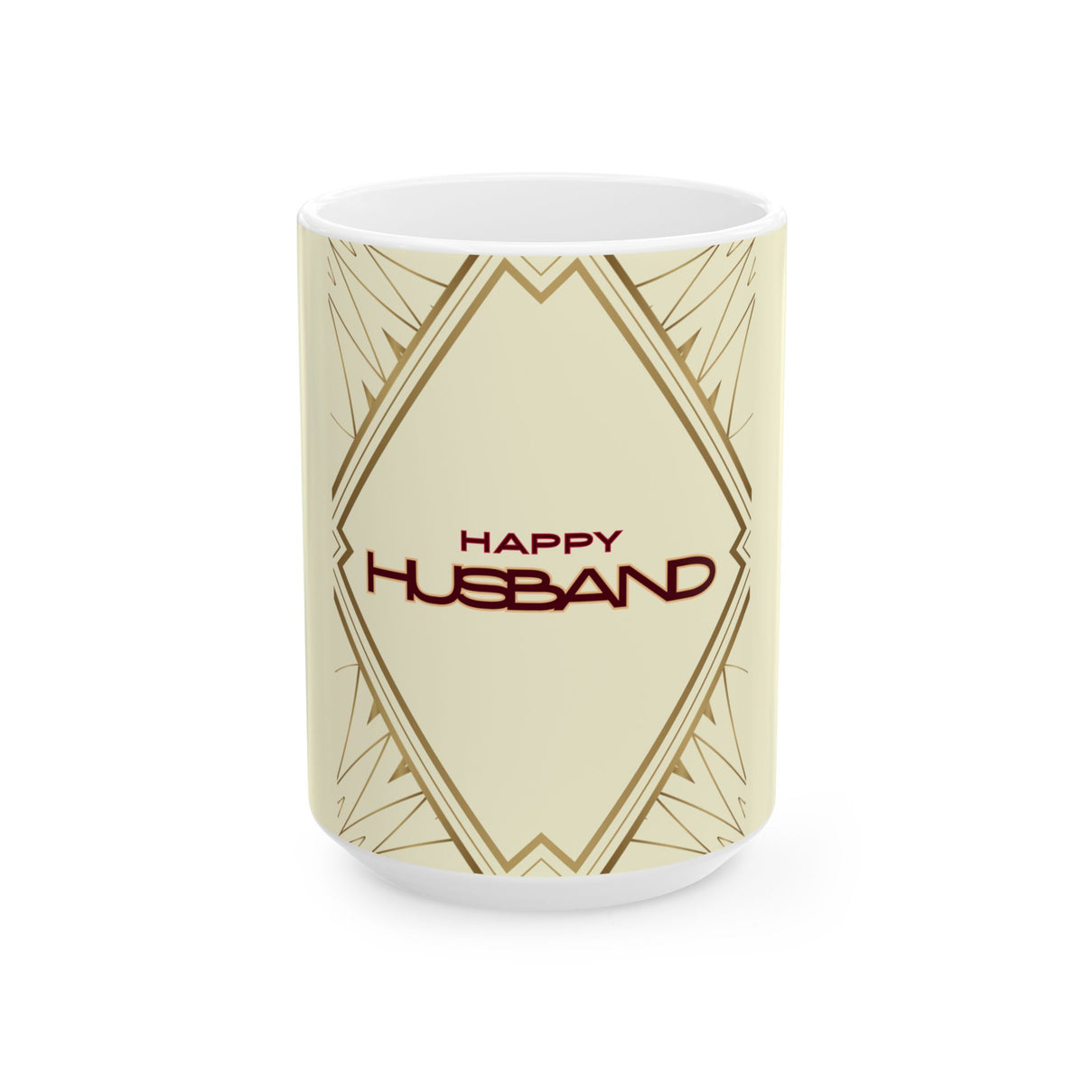 A white ceramic mug with a cream-colored printed wrap featuring gold Art Deco-style geometric borders and the text 'HAPPY HUSBAND' in dark red, shown on a plain white background.