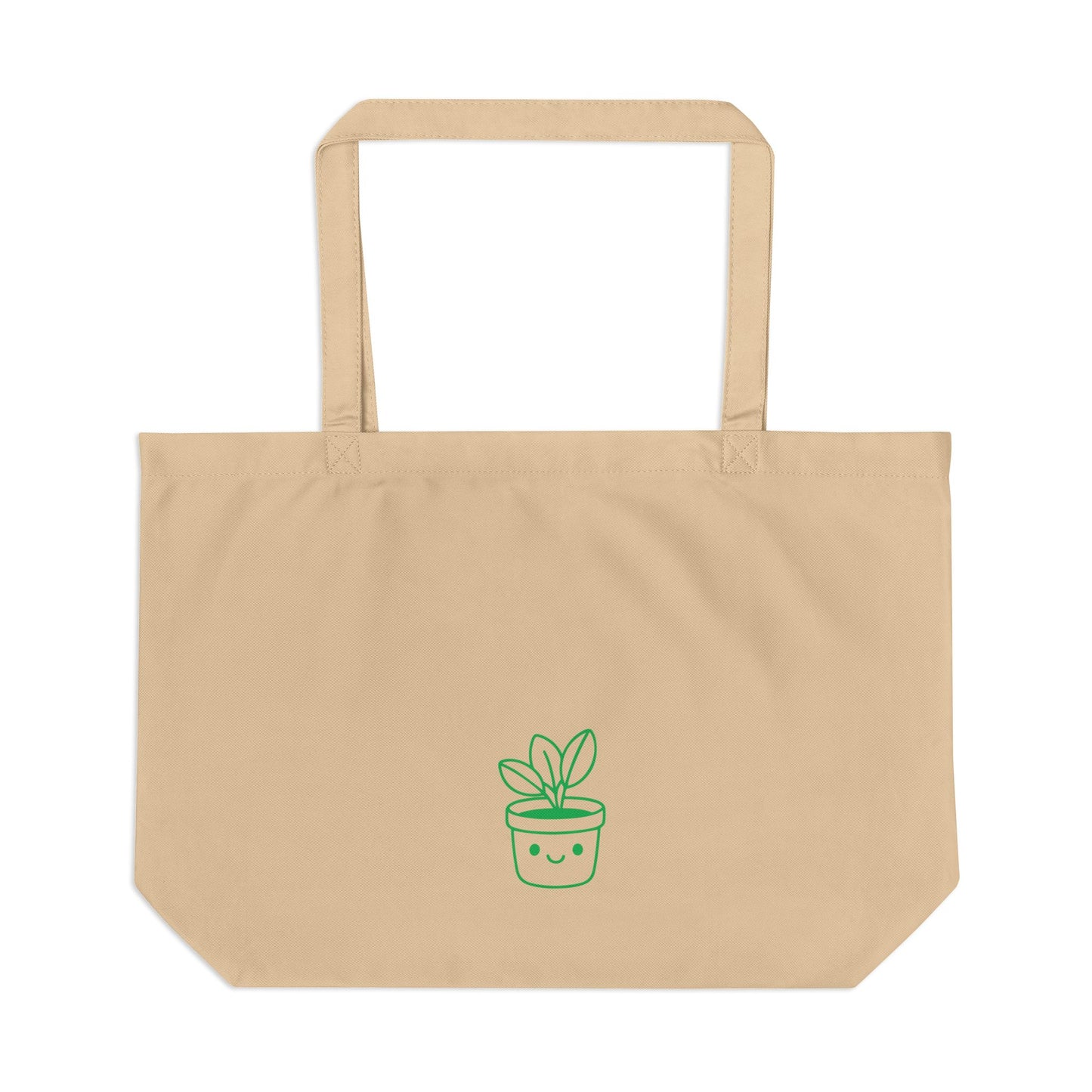 Beige tote bag with a green plant design on a white background