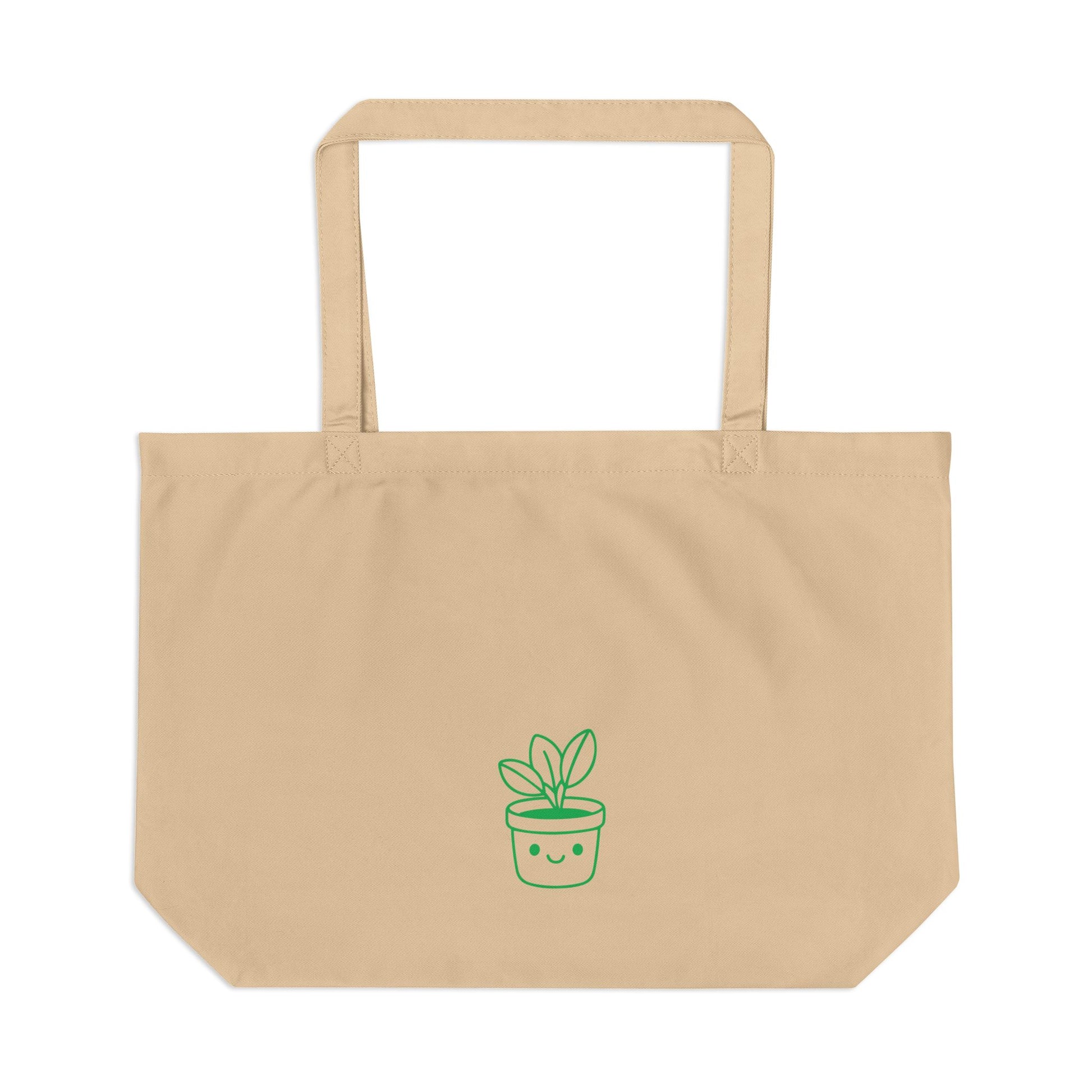 Beige tote bag with a green plant design on a white background