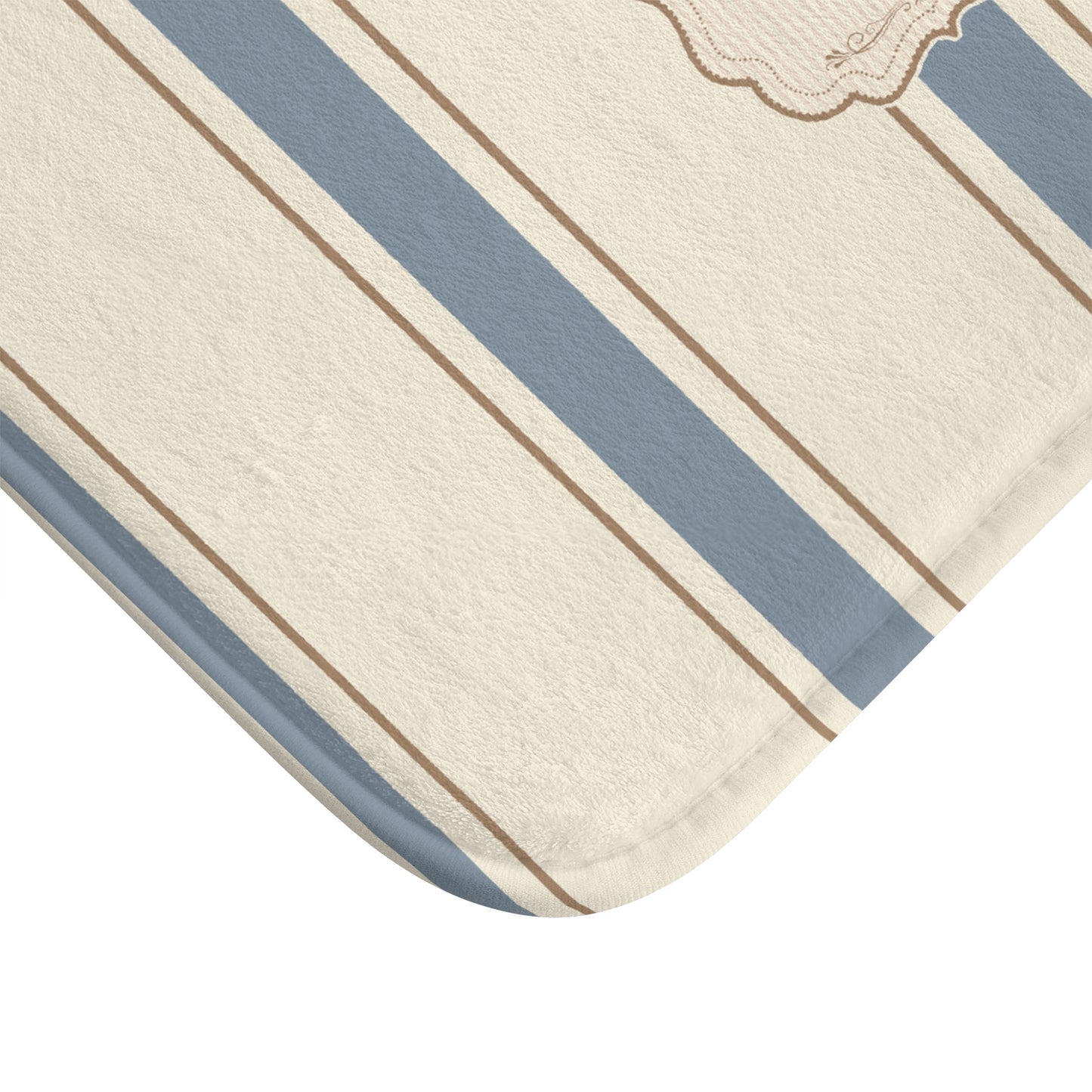 Close-up of a striped fabric with blue and beige pattern on a white background