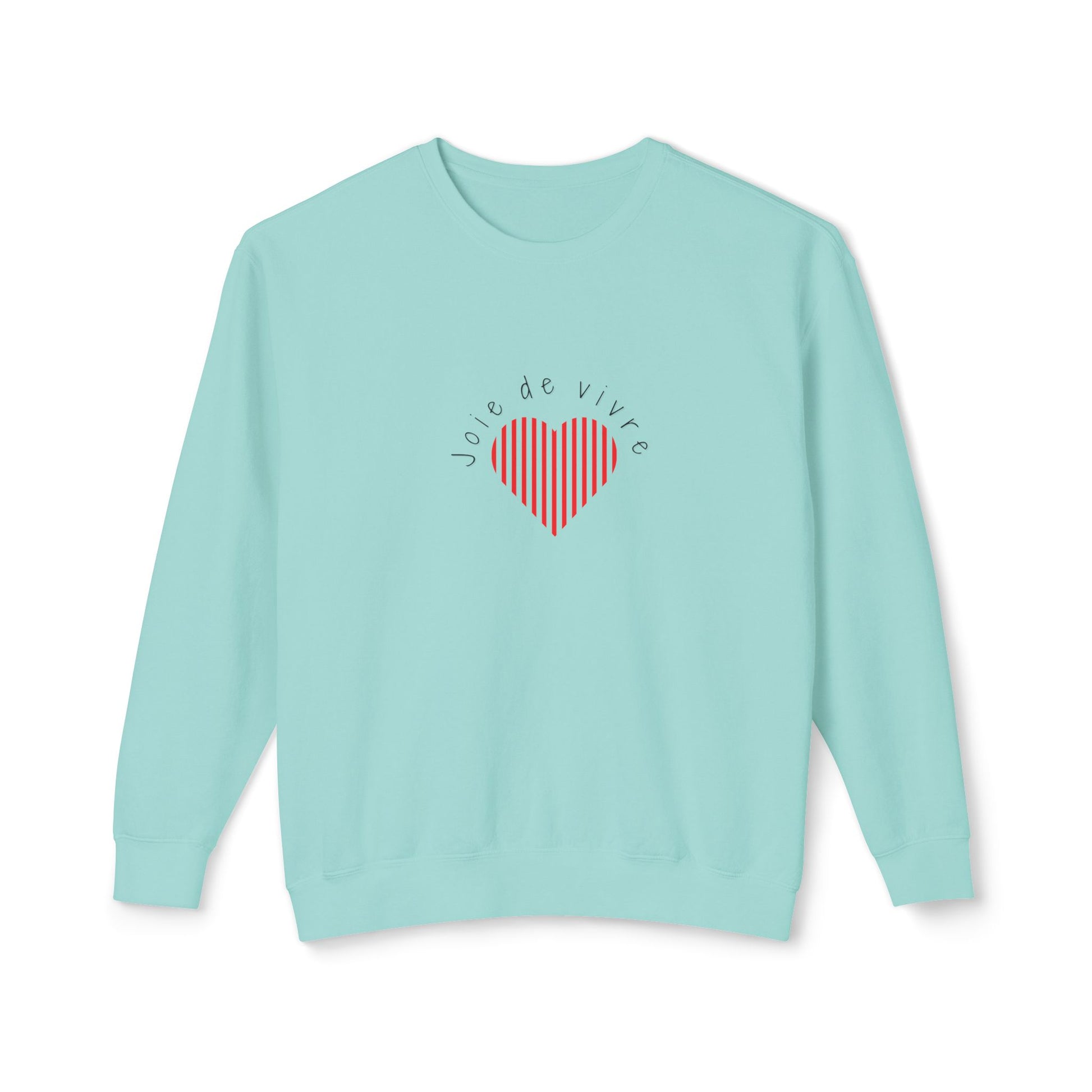 Light blue sweatshirt with a red heart and Joie de Vivre  on a white background