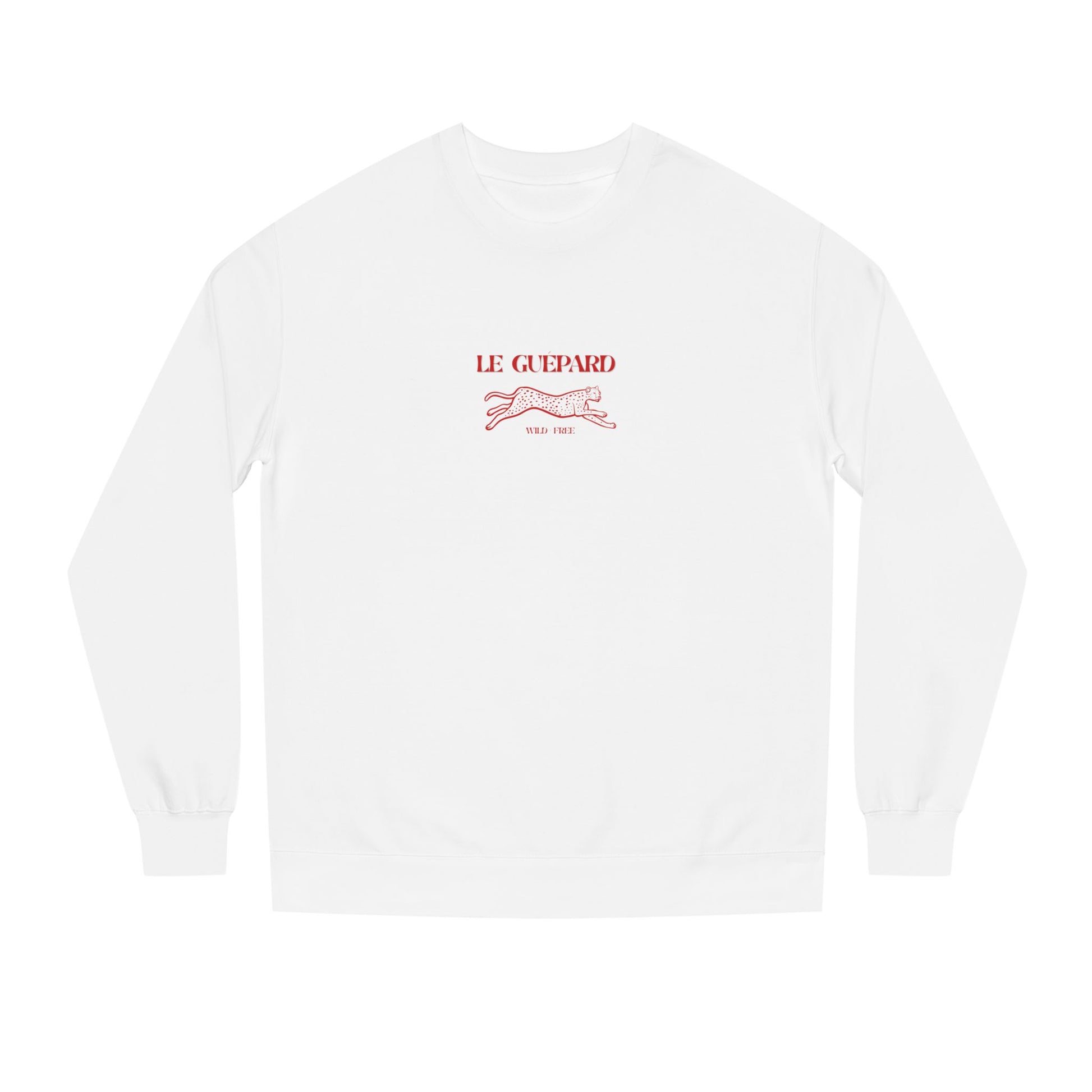 White sweatshirt with red logo and text on a white background